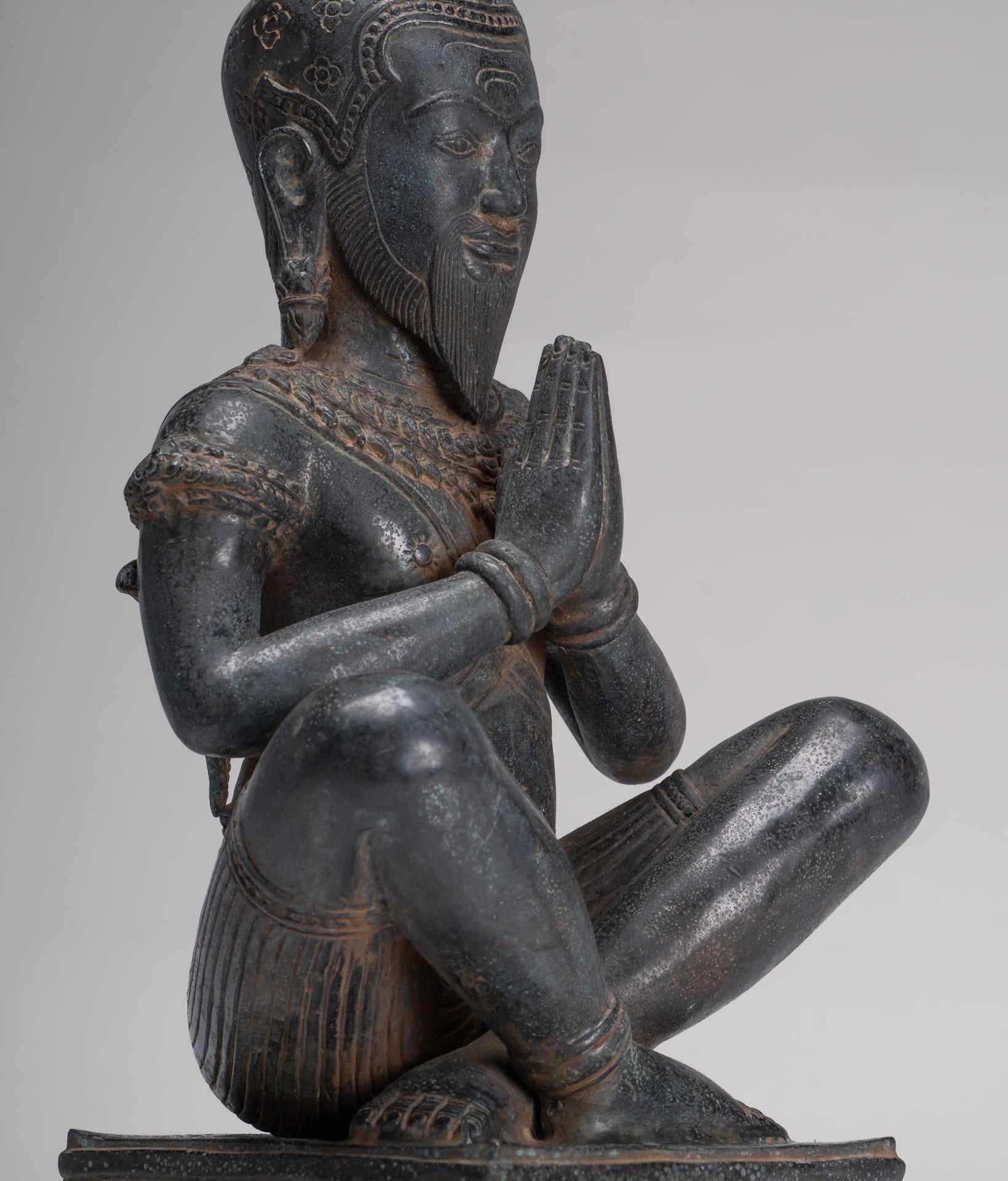 Rishi Statue - Antique Khmer Style Seated Bronze Rishi or Wise Man - 42cm/17"