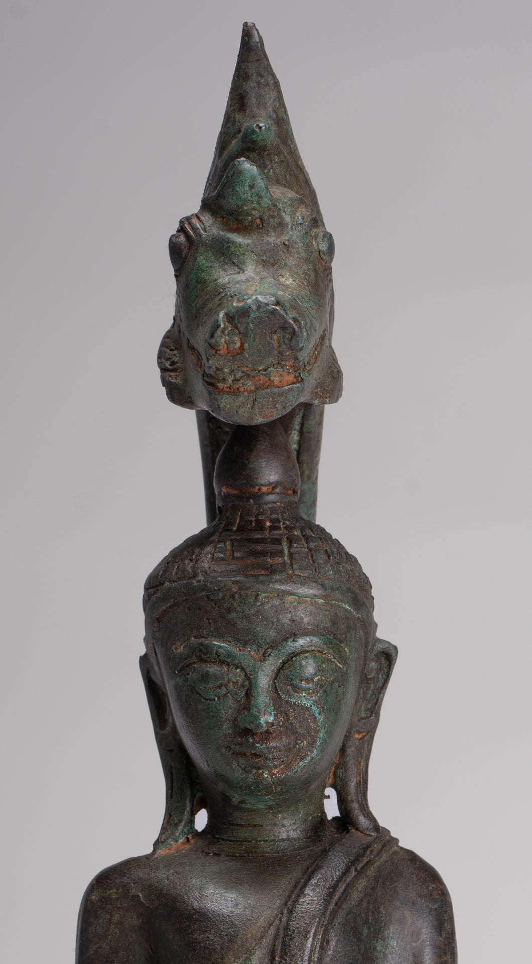 Buddha Statue - Antique Laos Style Bronze Enlightenment Naga Buddha Statue - 34cm/14"