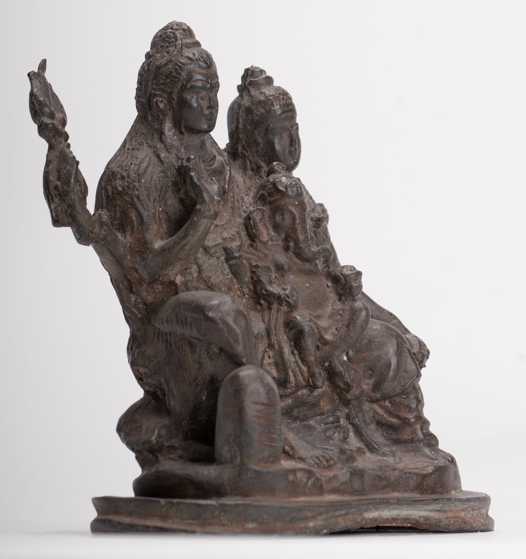 Shiva Statue - Antique Thai Style Bronze Shiva Parvati & Ganesha Statue - 15cm/6"