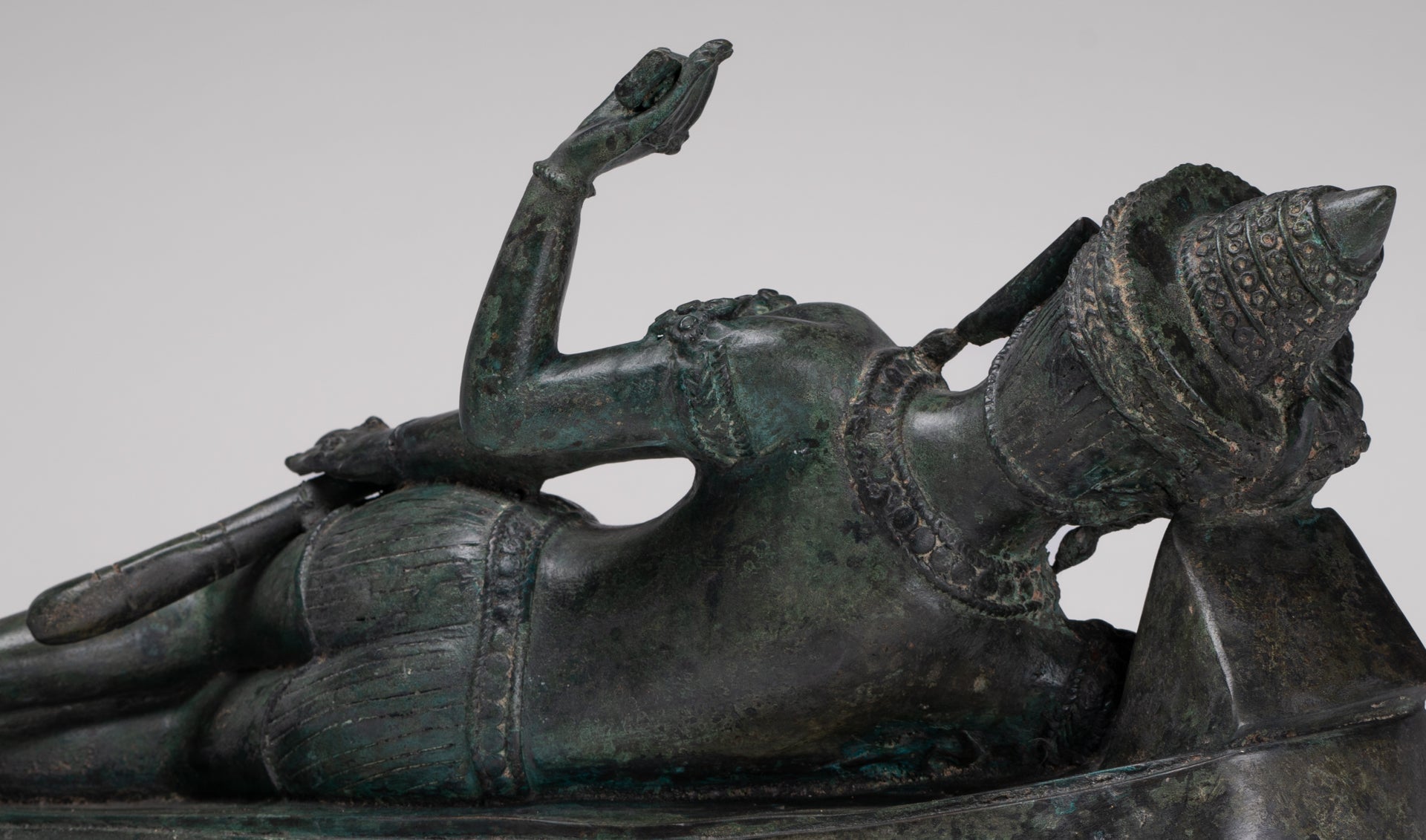 Antique Lopburi Style Thai Bronze Reclining Vishnu Statue - 55cm/22" Long