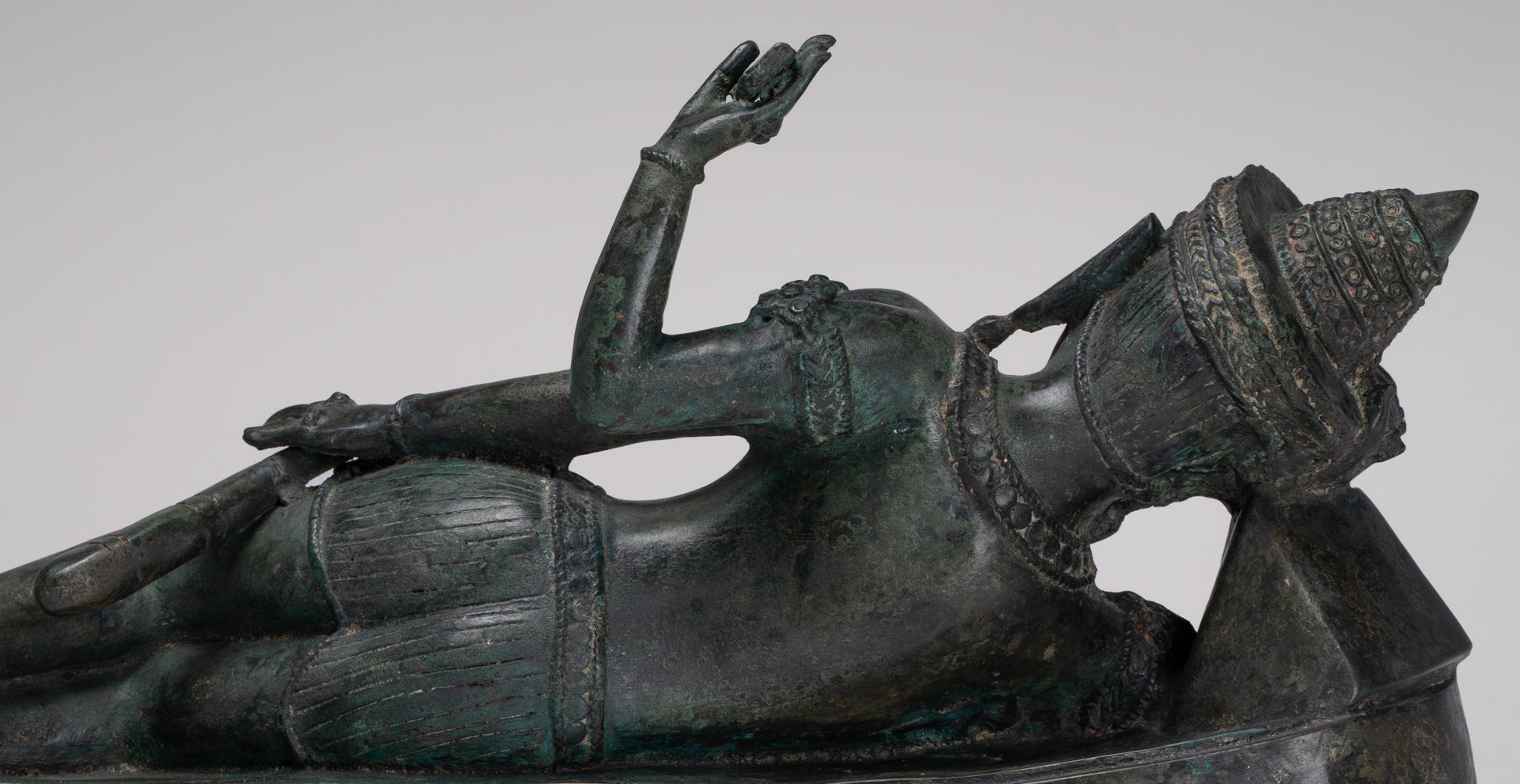 Antique Lopburi Style Thai Bronze Reclining Vishnu Statue - 55cm/22" Long