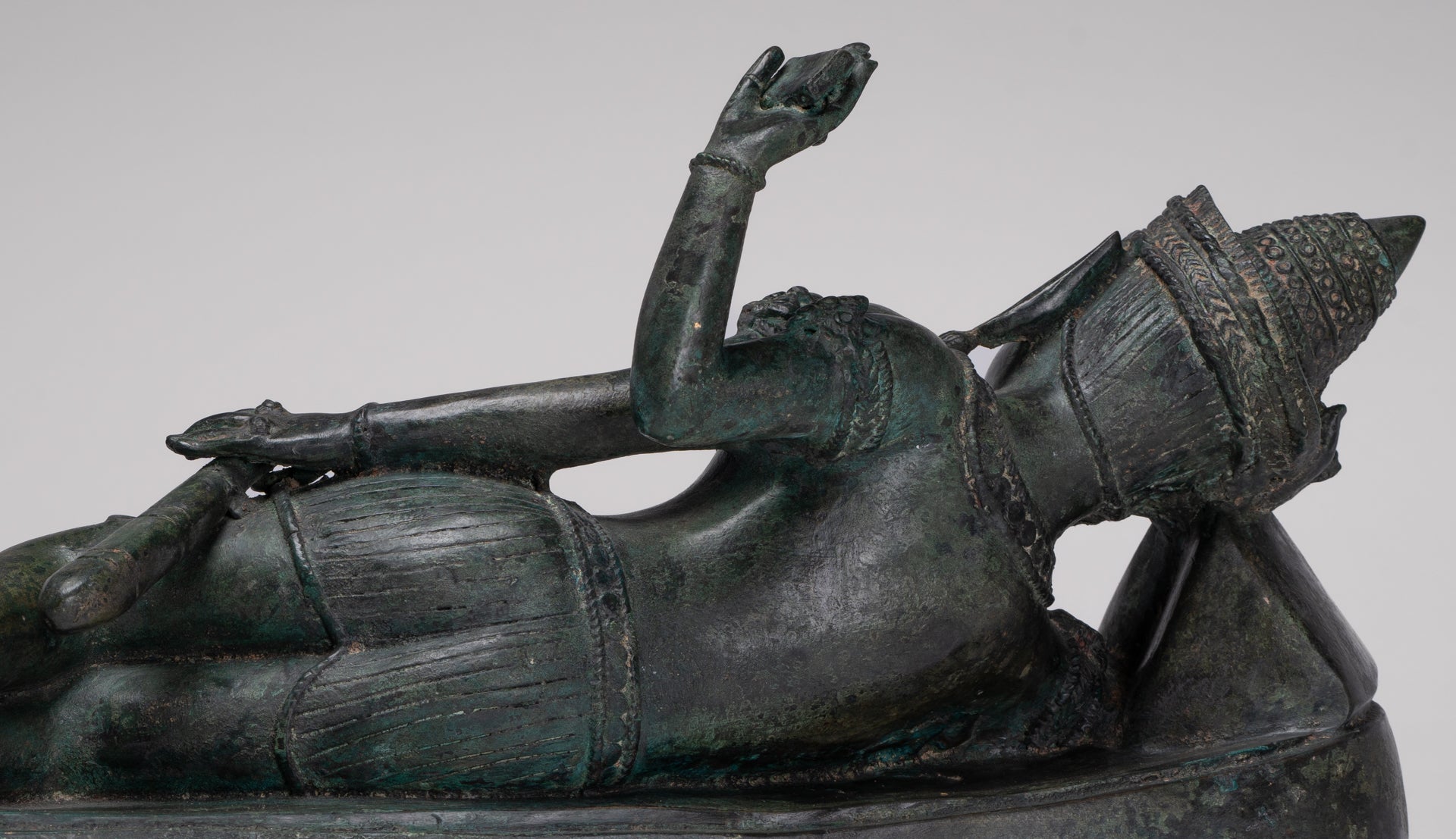 Antique Lopburi Style Thai Bronze Reclining Vishnu Statue - 55cm/22" Long