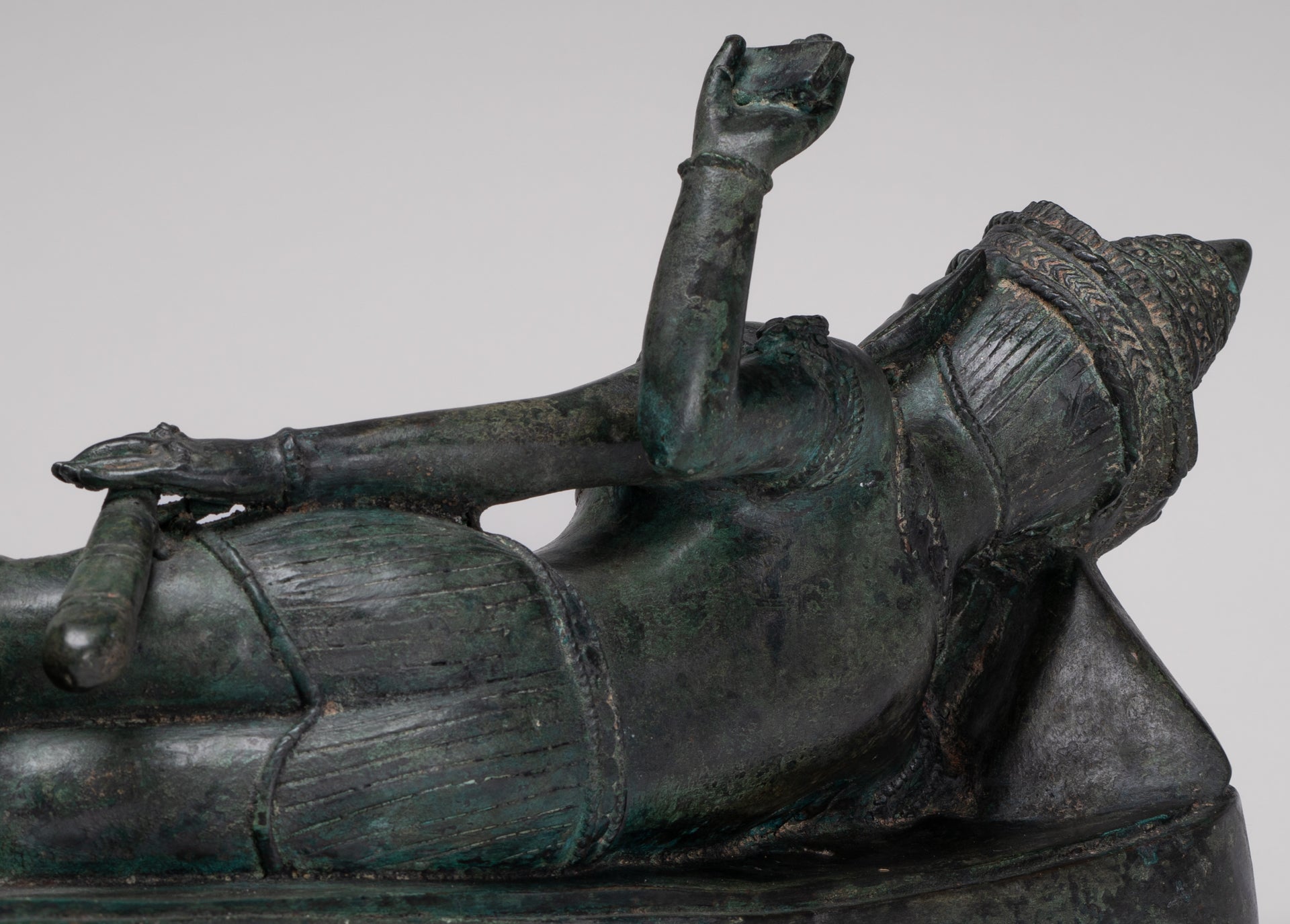 Antique Lopburi Style Thai Bronze Reclining Vishnu Statue - 55cm/22" Long