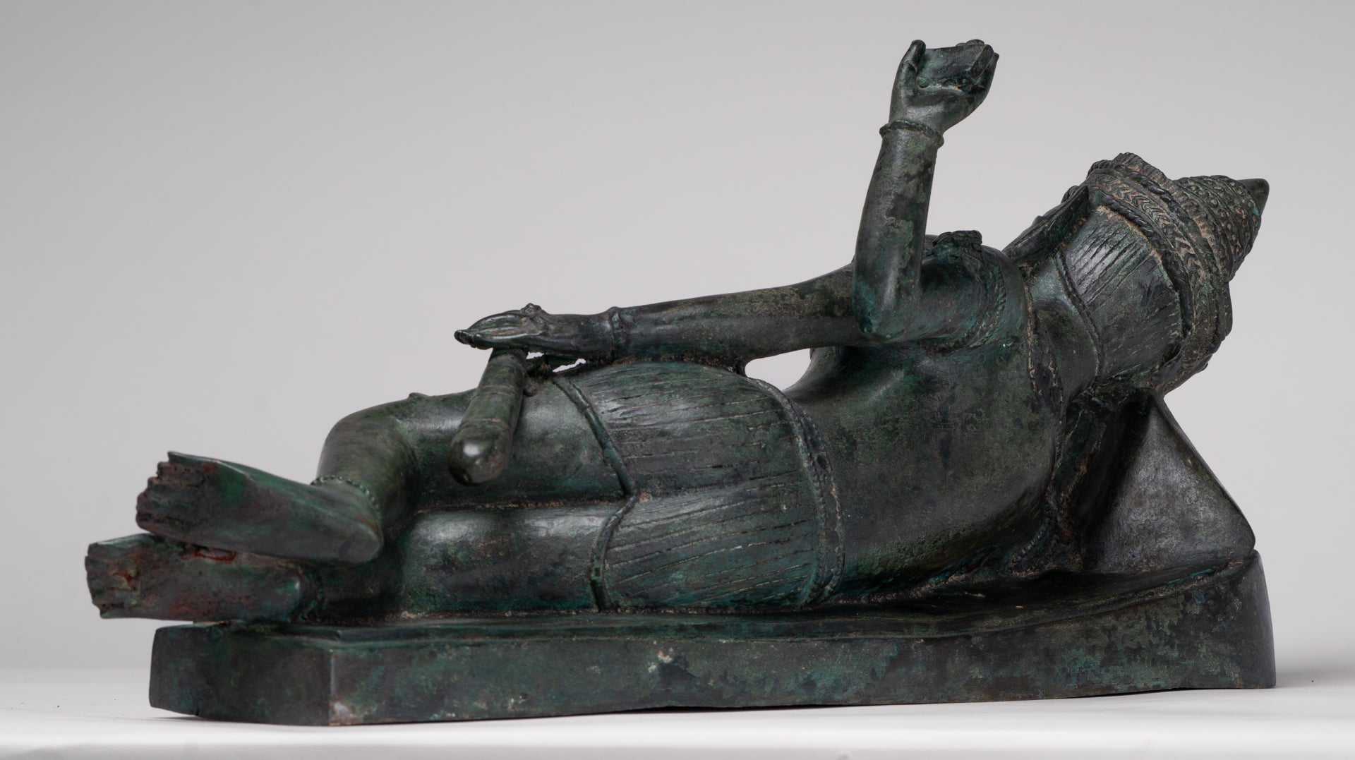 Antique Lopburi Style Thai Bronze Reclining Vishnu Statue - 55cm/22" Long