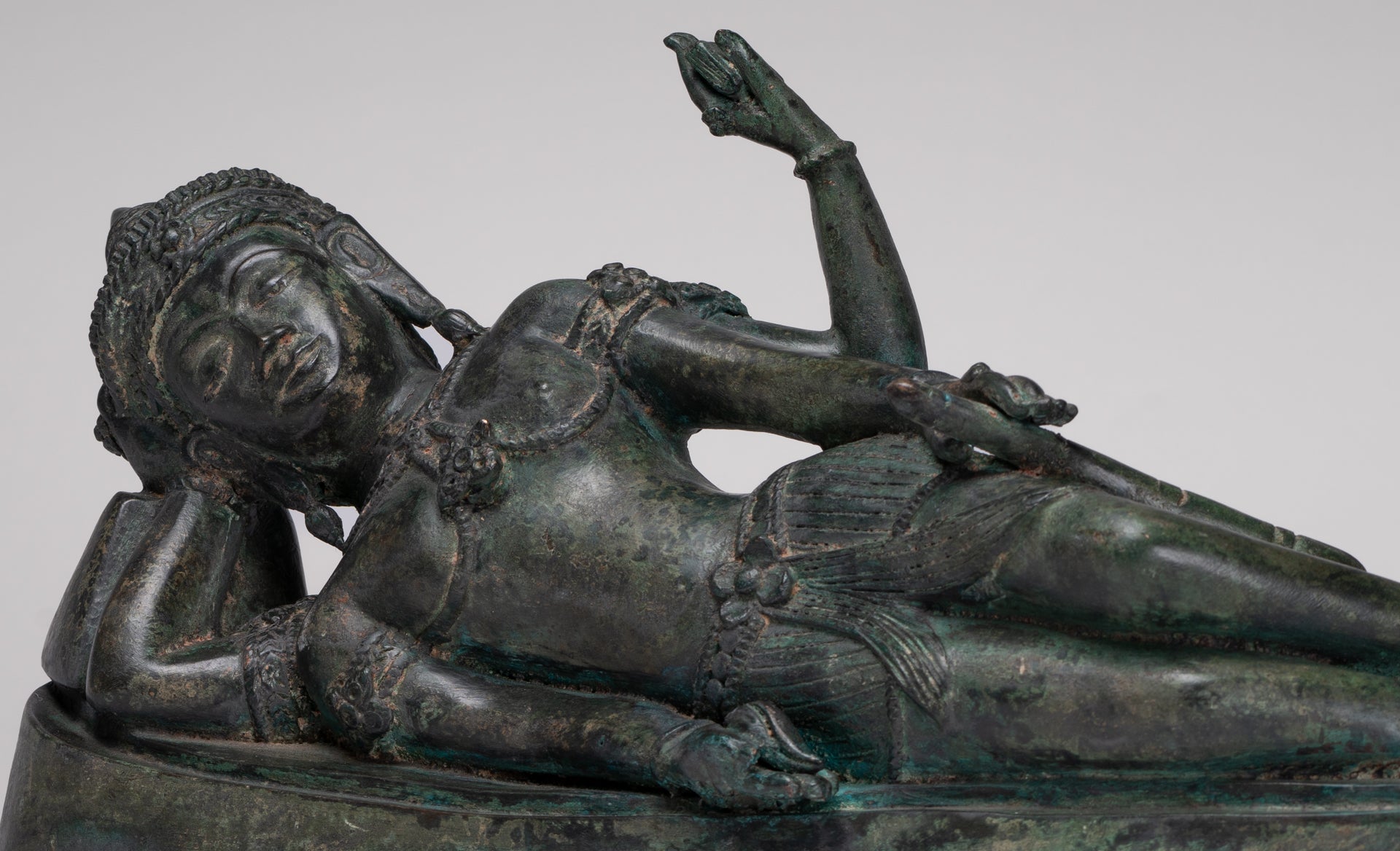 Antique Lopburi Style Thai Bronze Reclining Vishnu Statue - 55cm/22" Long