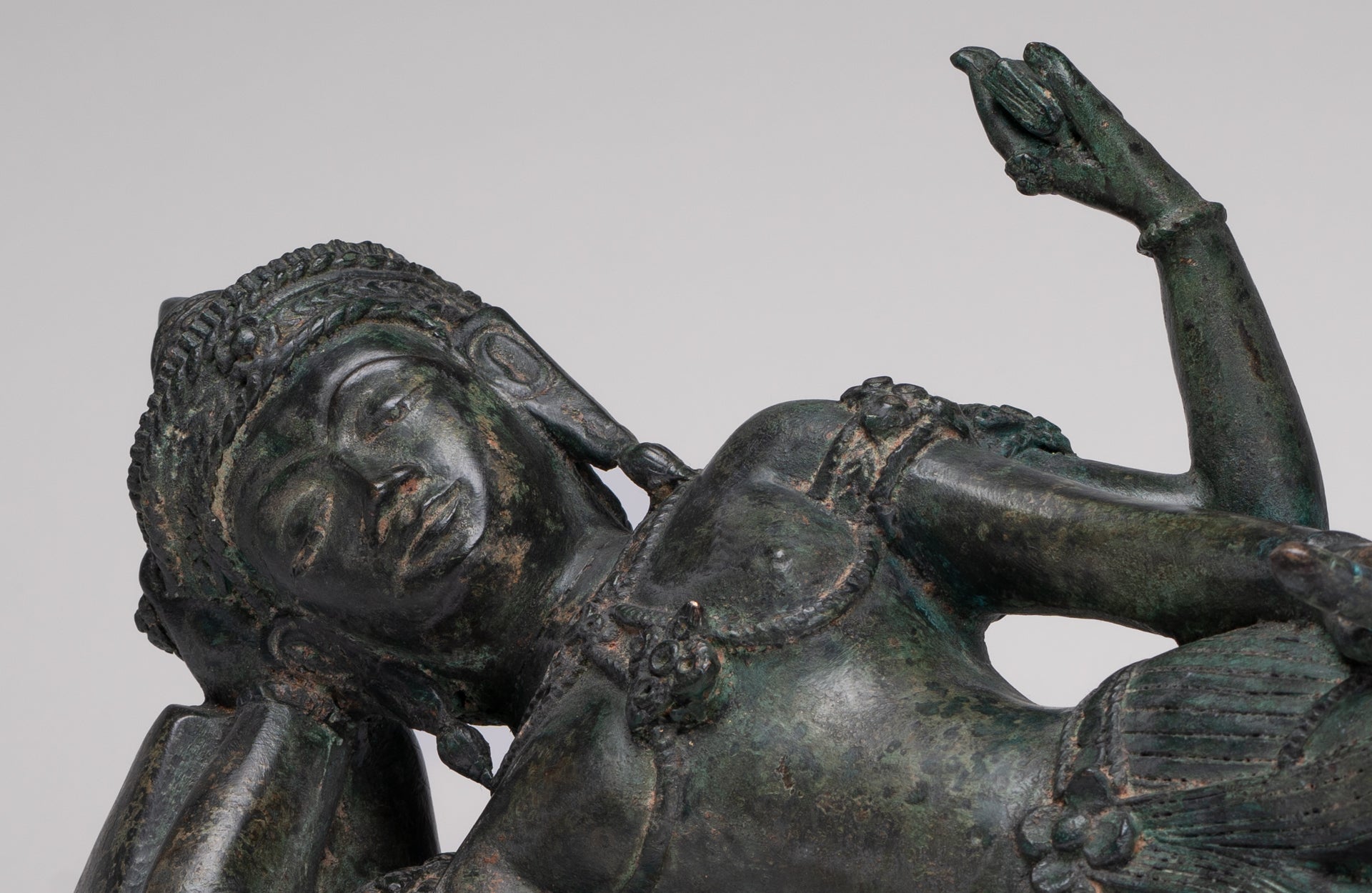 Antique Lopburi Style Thai Bronze Reclining Vishnu Statue - 55cm/22" Long