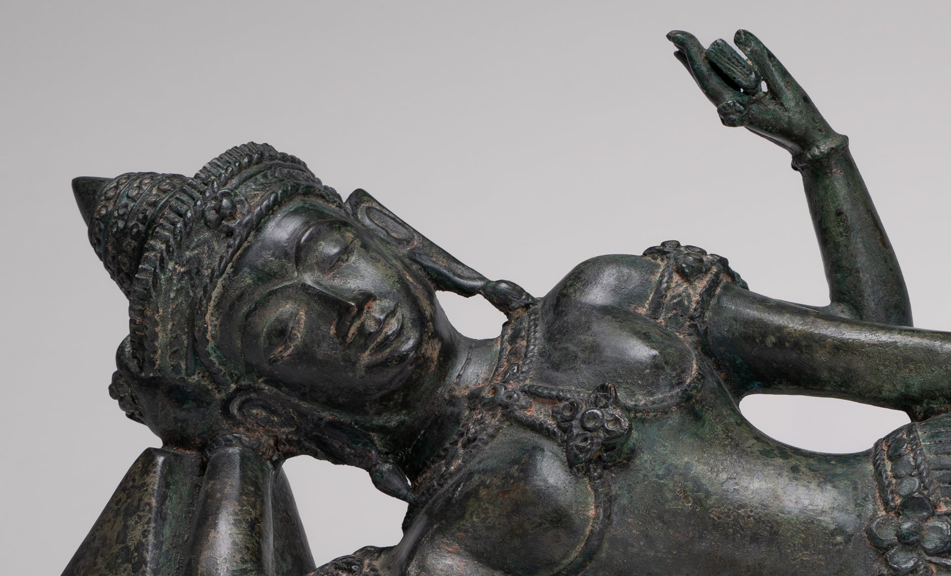 Antique Lopburi Style Thai Bronze Reclining Vishnu Statue - 55cm/22" Long