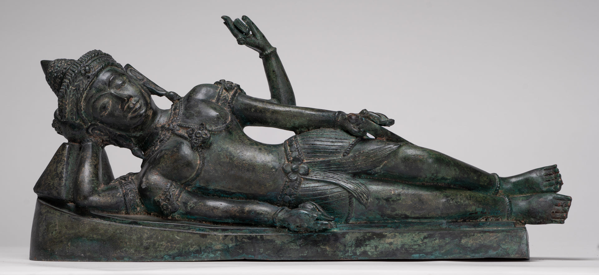 Antique Lopburi Style Thai Bronze Reclining Vishnu Statue - 55cm/22" Long