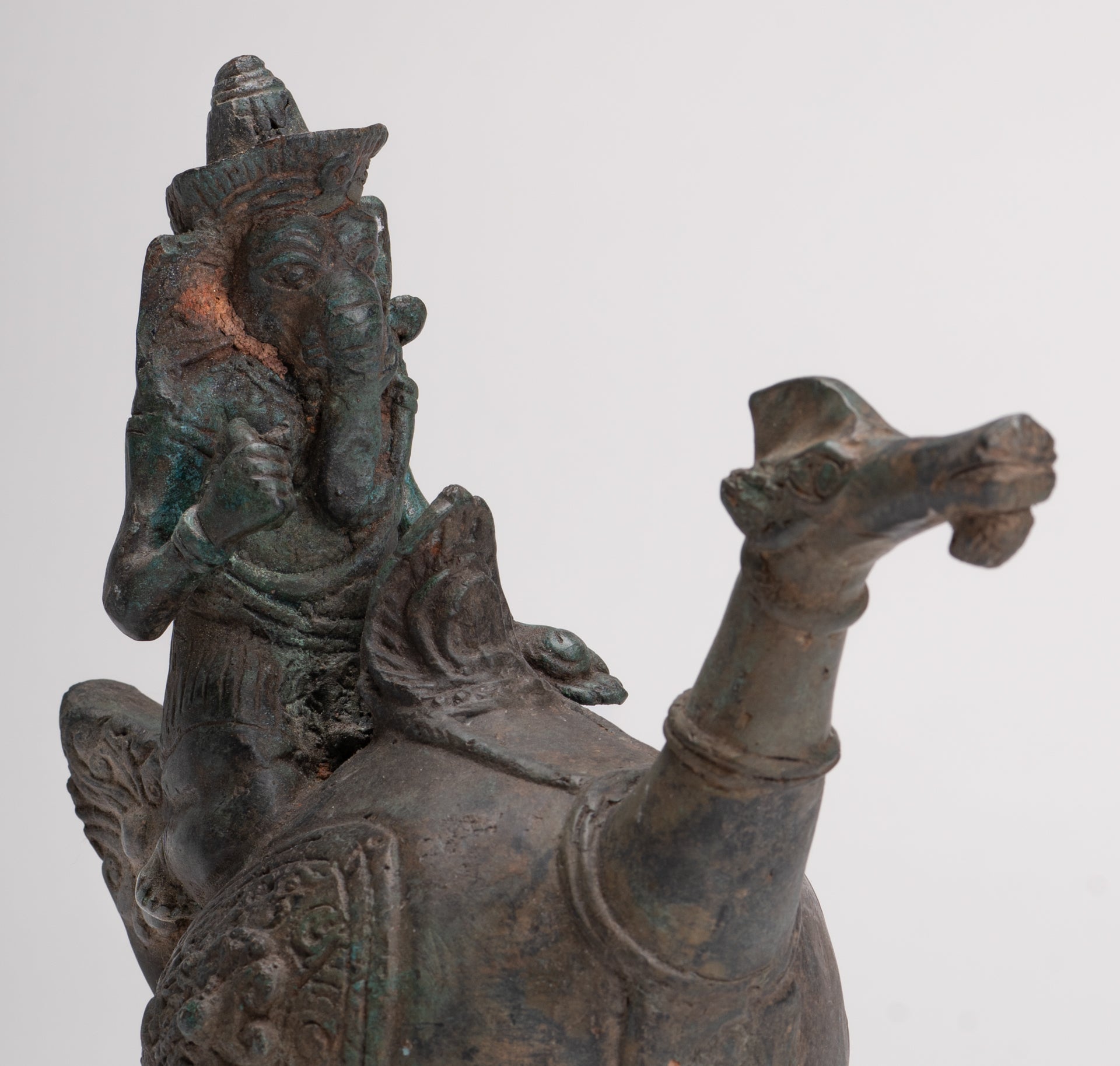 Ganesha Statue - Antique Thai Style Bronze Ganesha Riding a Dragon - 20cm/8"
