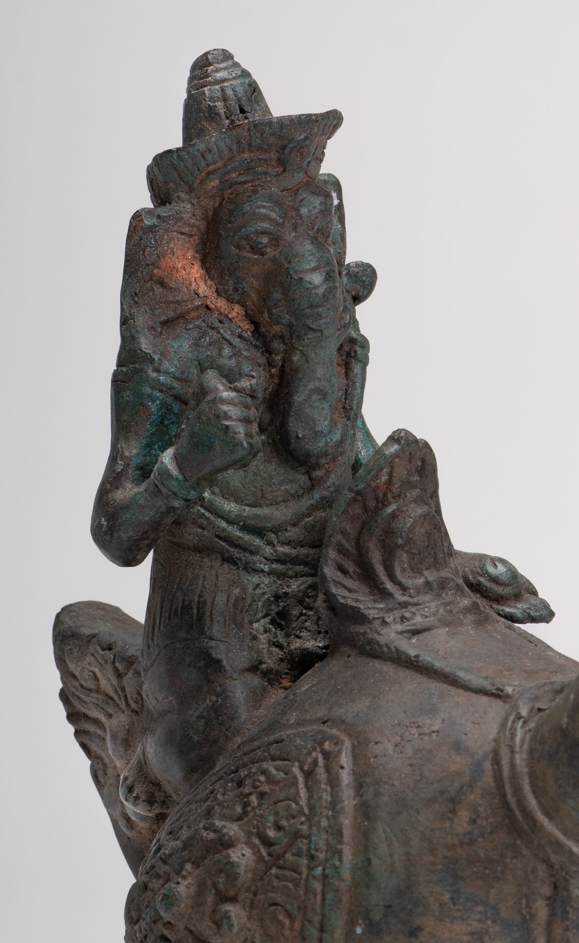 Ganesha Statue - Antique Thai Style Bronze Ganesha Riding a Dragon - 20cm/8"