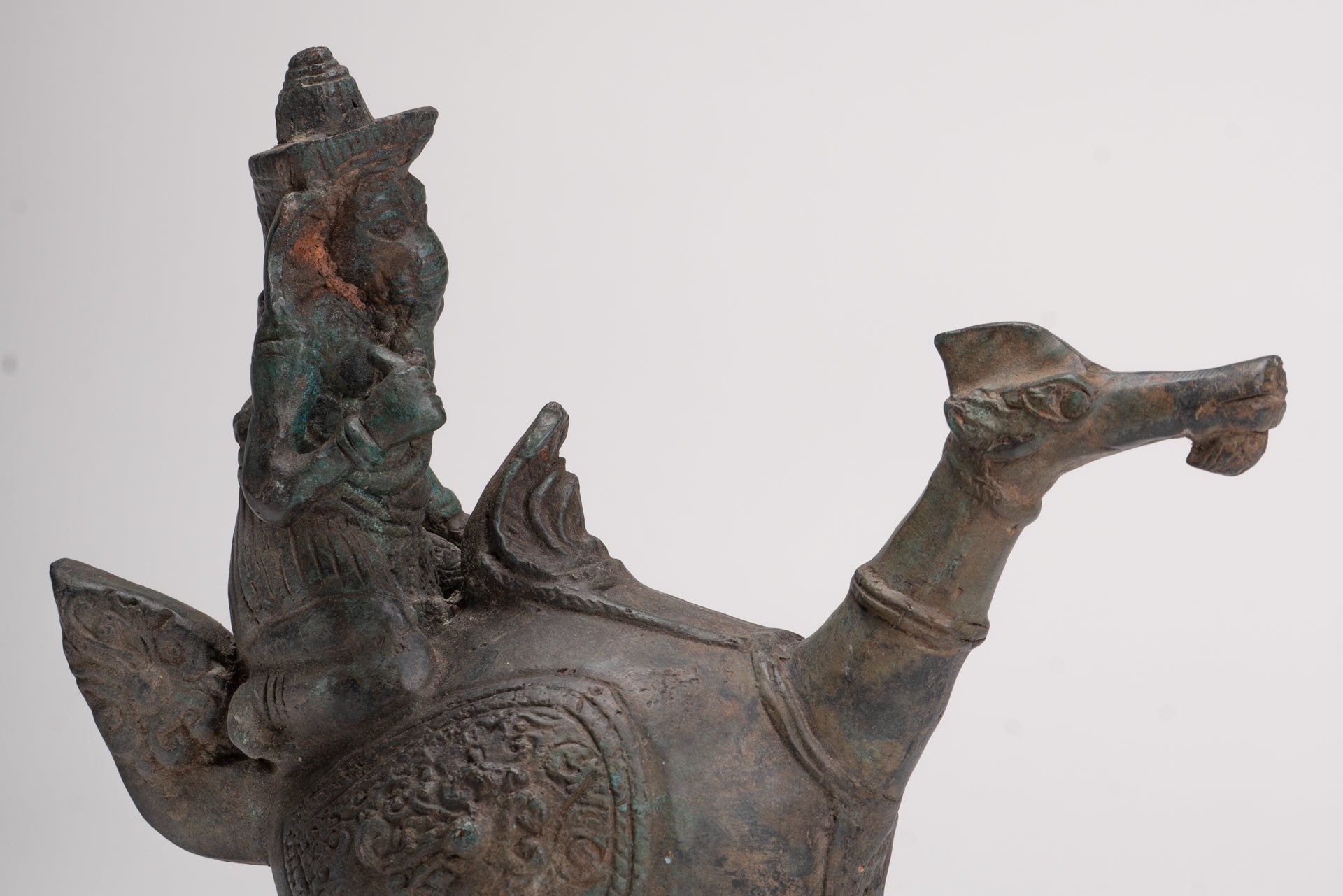 Ganesha Statue - Antique Thai Style Bronze Ganesha Riding a Dragon - 20cm/8"