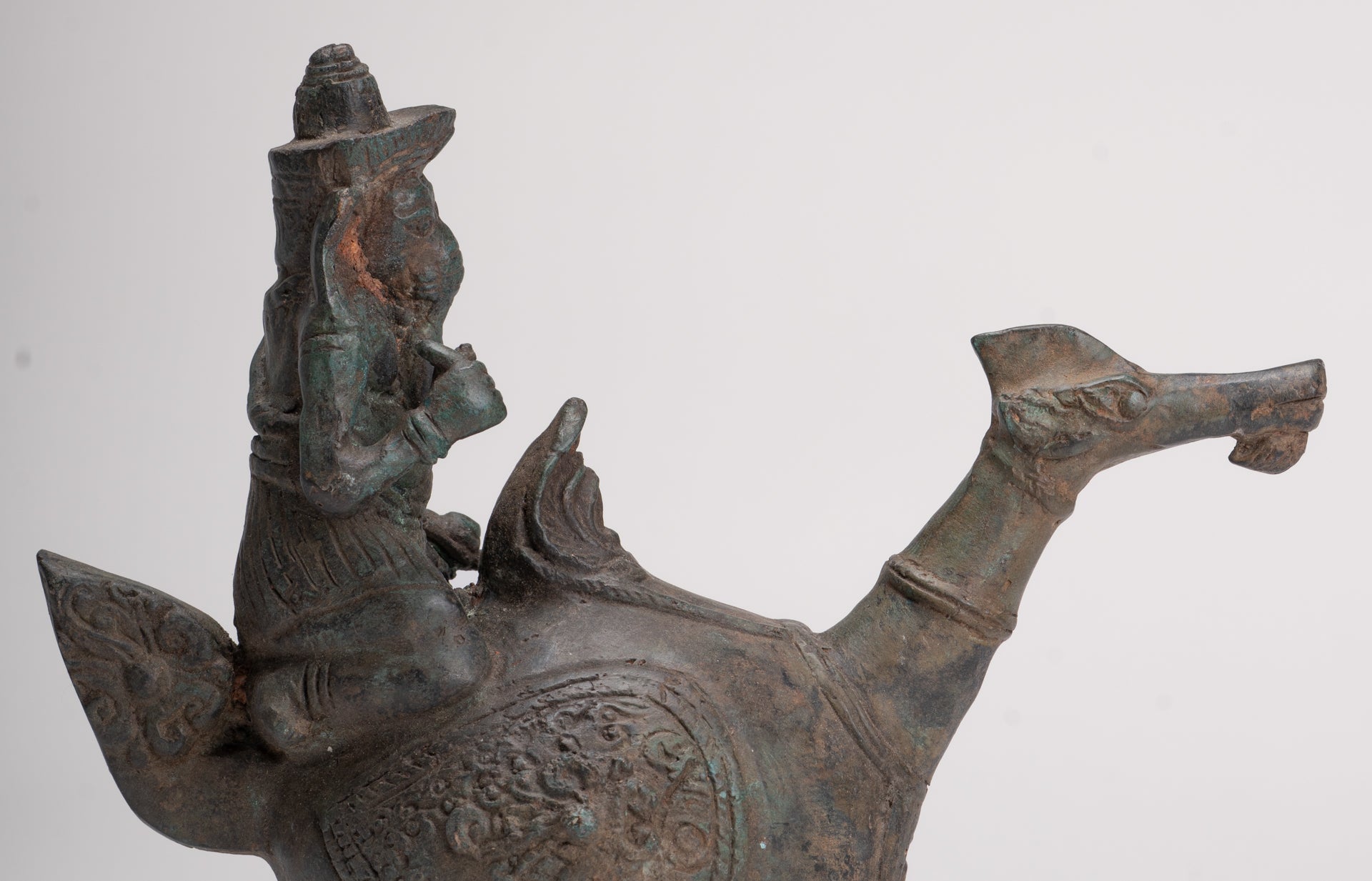 Ganesha Statue - Antique Thai Style Bronze Ganesha Riding a Dragon - 20cm/8"