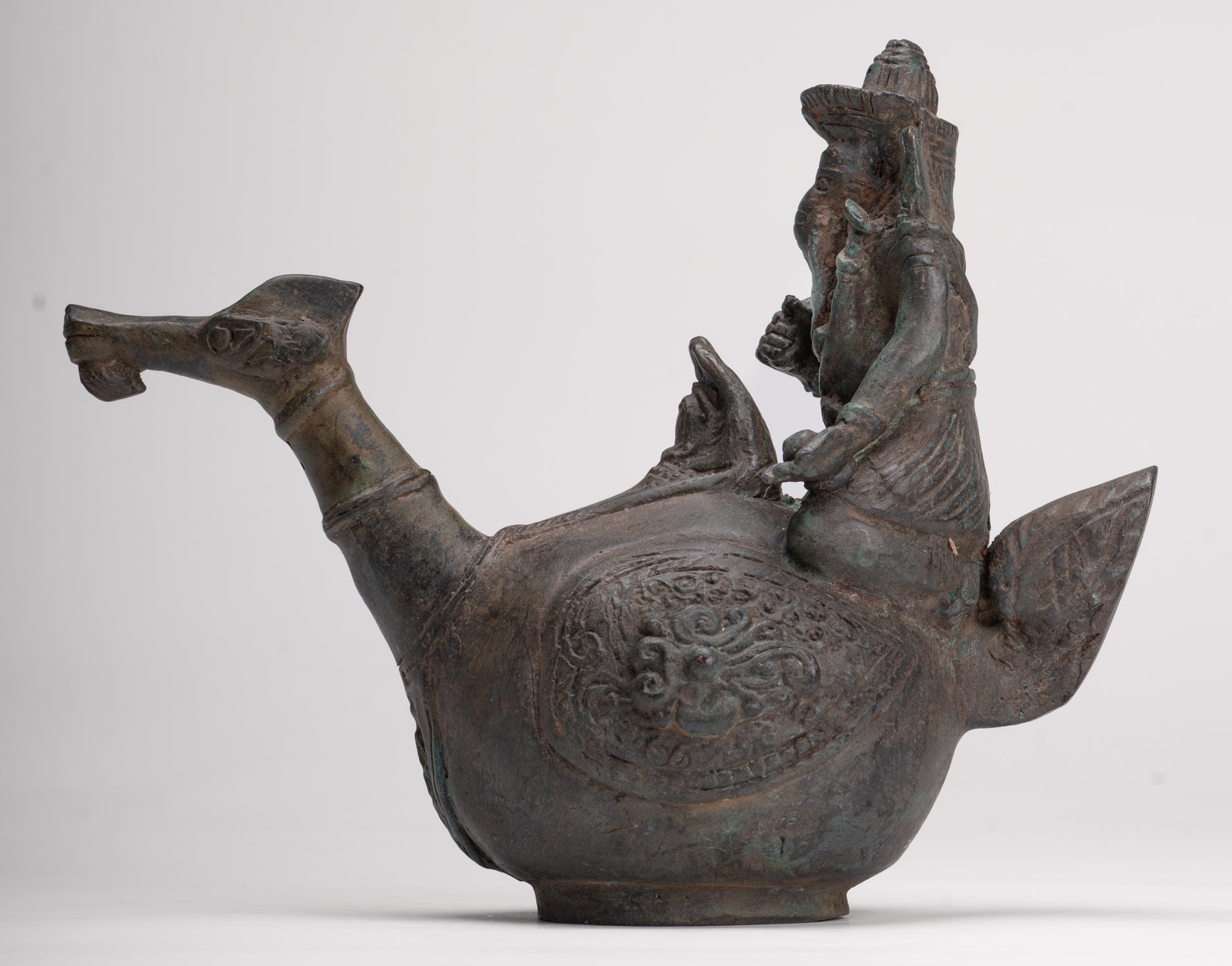 Ganesha Statue - Antique Thai Style Bronze Ganesha Riding a Dragon - 20cm/8"