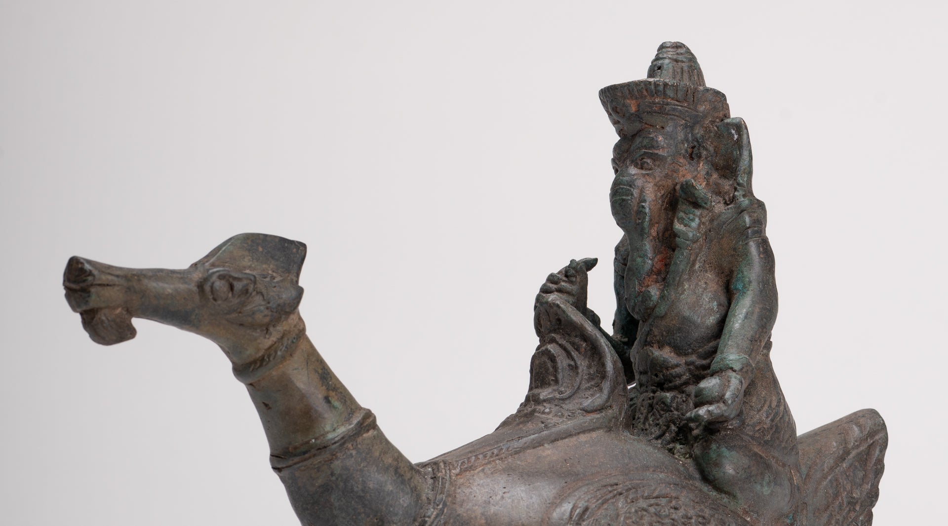 Ganesha Statue - Antique Thai Style Bronze Ganesha Riding a Dragon - 20cm/8"