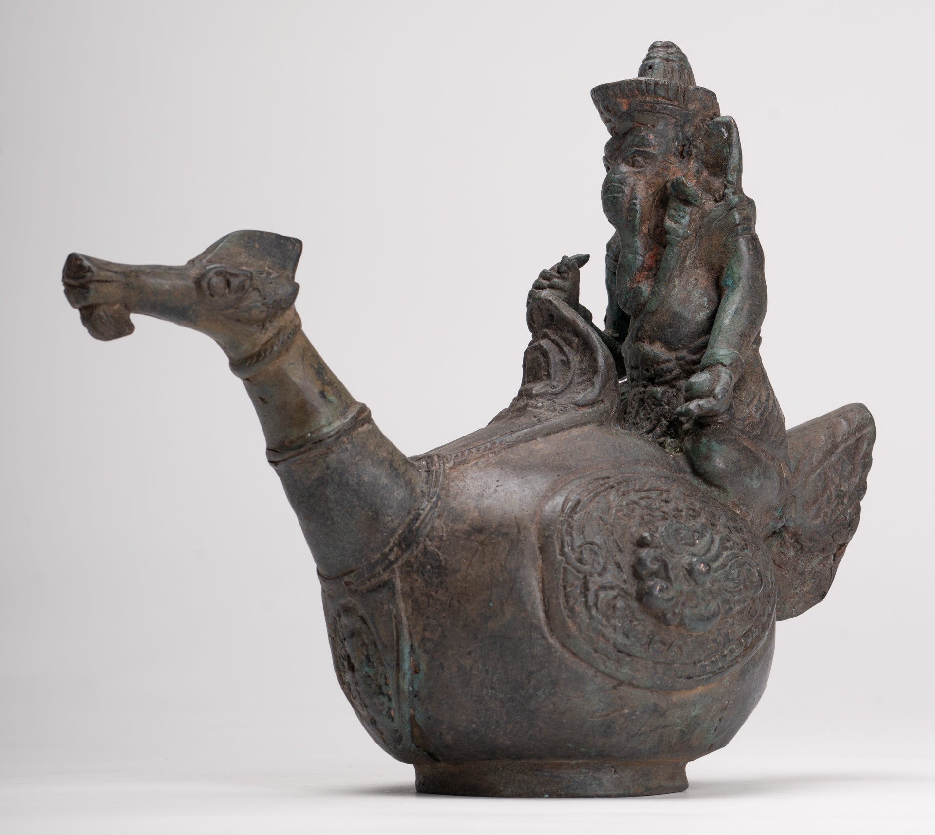 Ganesha Statue - Antique Thai Style Bronze Ganesha Riding a Dragon - 20cm/8"