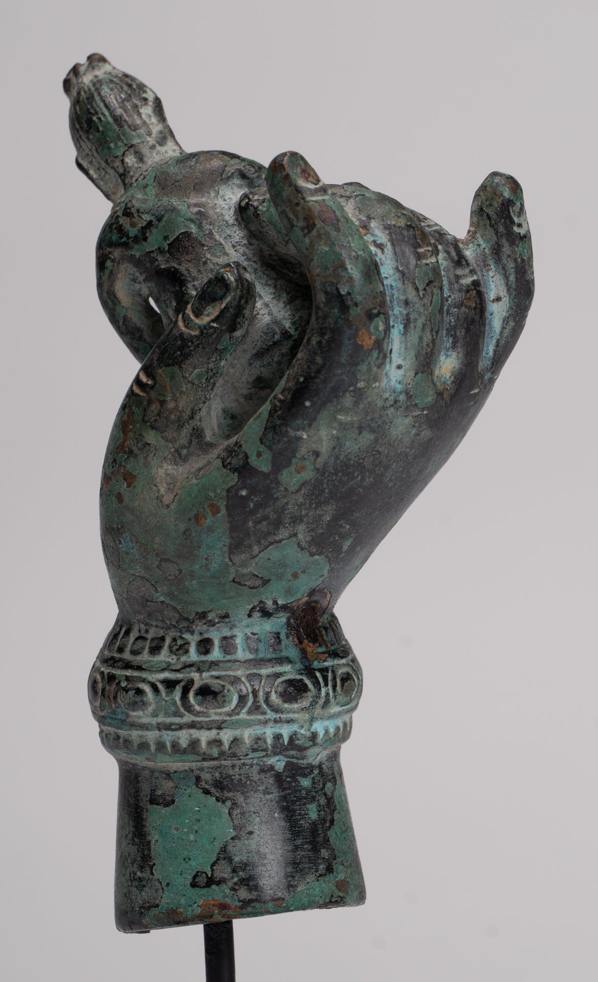 Rishi Statue - Antique Khmer Style Mounted Bronze Rishi or Wise Man in Hand - 17cm/7"