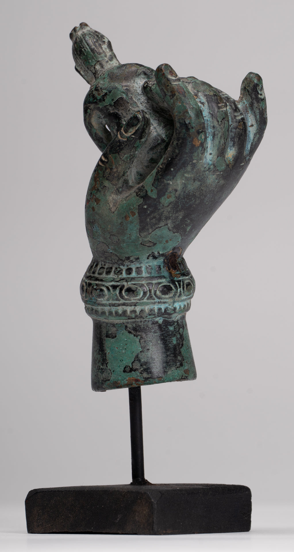 Rishi Statue - Antique Khmer Style Mounted Bronze Rishi or Wise Man in Hand - 17cm/7"