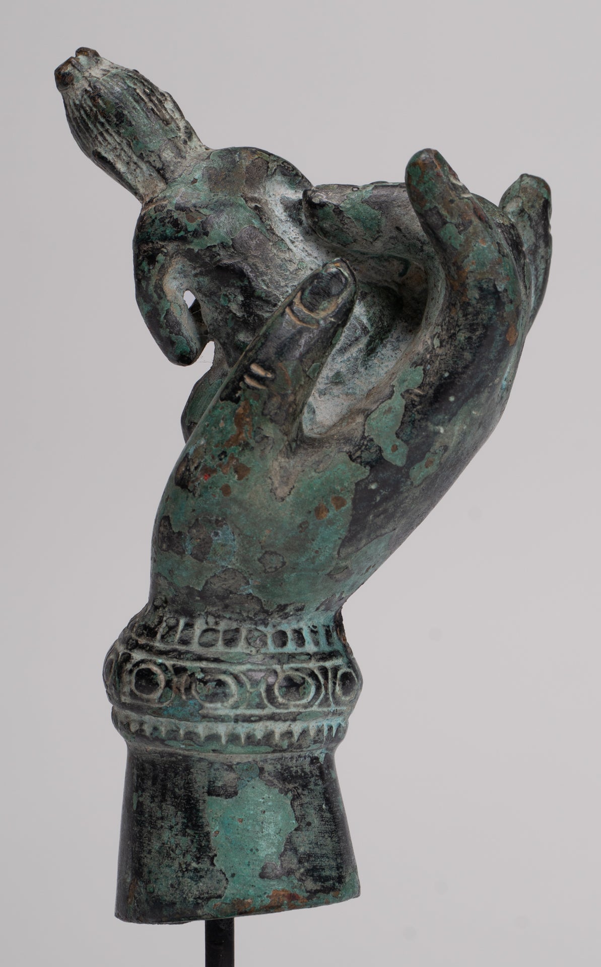 Rishi Statue - Antique Khmer Style Mounted Bronze Rishi or Wise Man in Hand - 17cm/7"