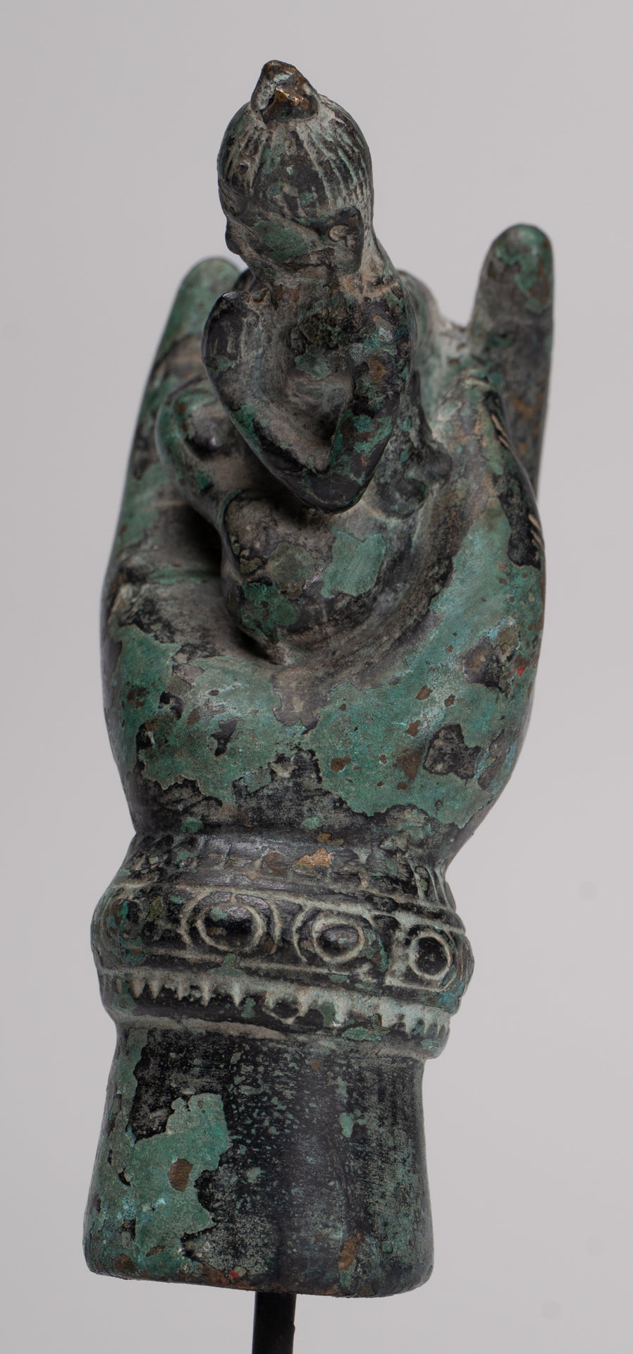 Rishi Statue - Antique Khmer Style Mounted Bronze Rishi or Wise Man in Hand - 17cm/7"