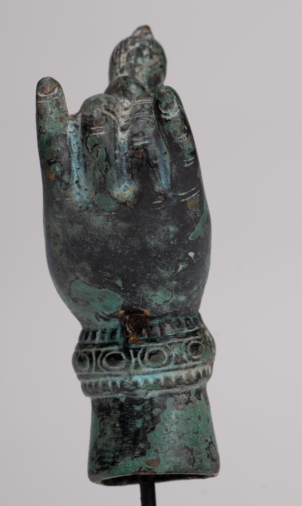 Rishi Statue - Antique Khmer Style Mounted Bronze Rishi or Wise Man in Hand - 17cm/7"