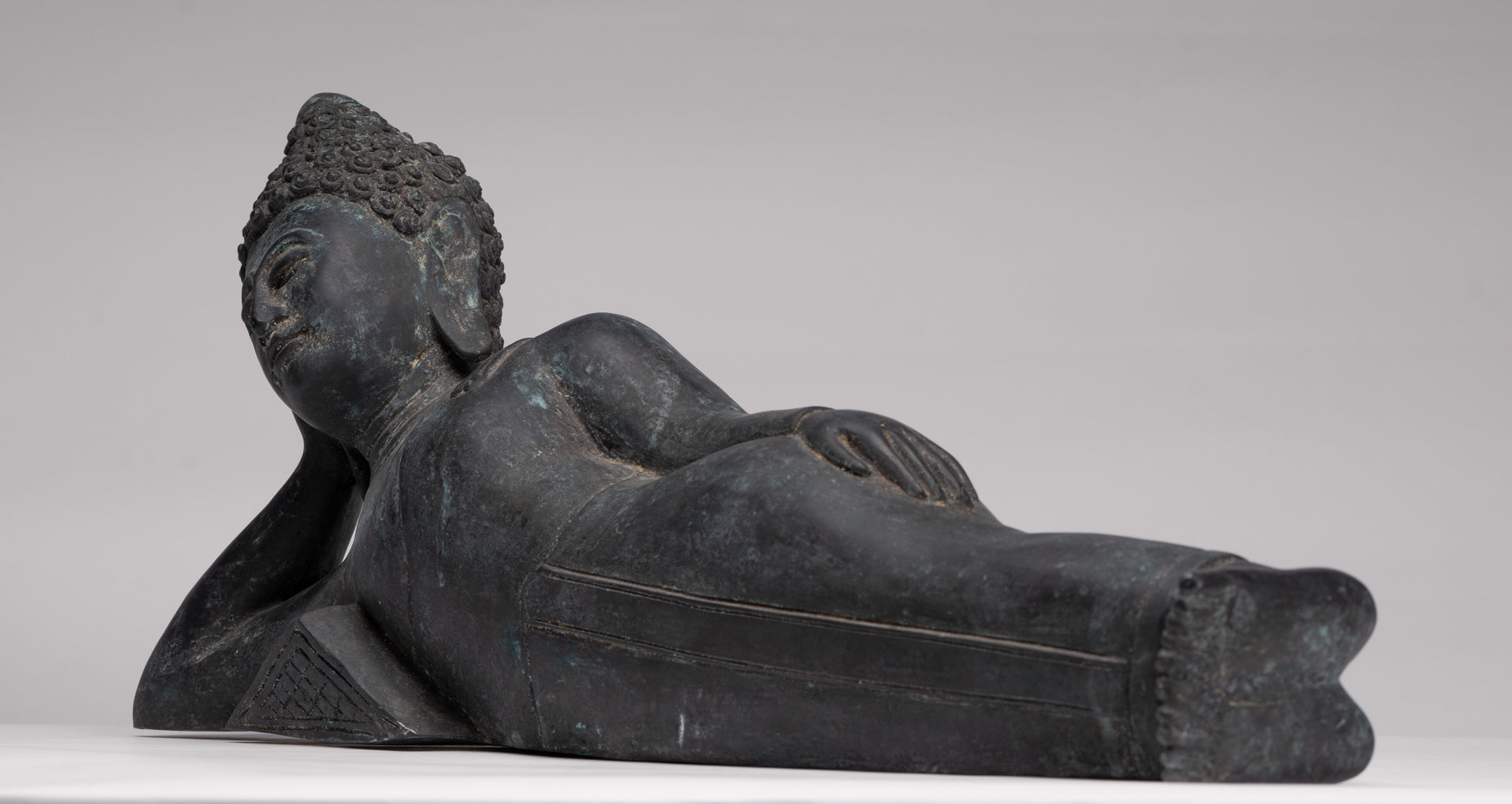 Buddha Statue - Antique Thai Style Bronze Chiang Saen Reclining Nirvana Buddha Statue - 66cm/26"