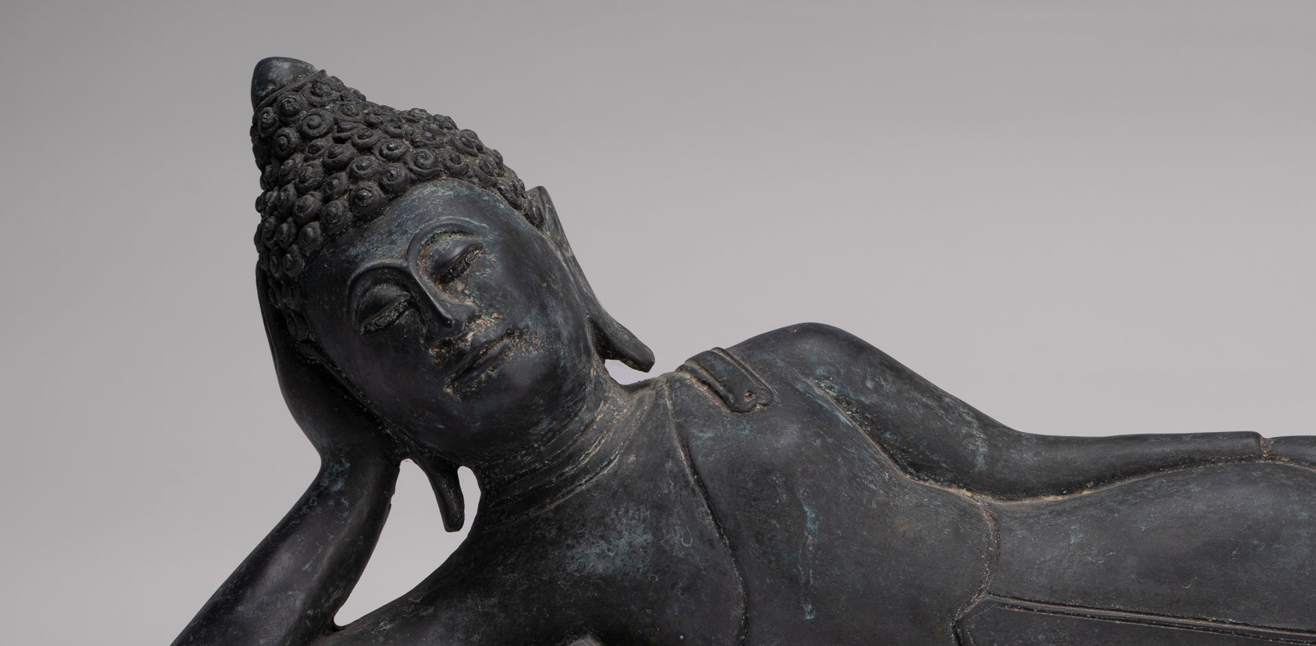Buddha Statue - Antique Thai Style Bronze Chiang Saen Reclining Nirvana Buddha Statue - 66cm/26"