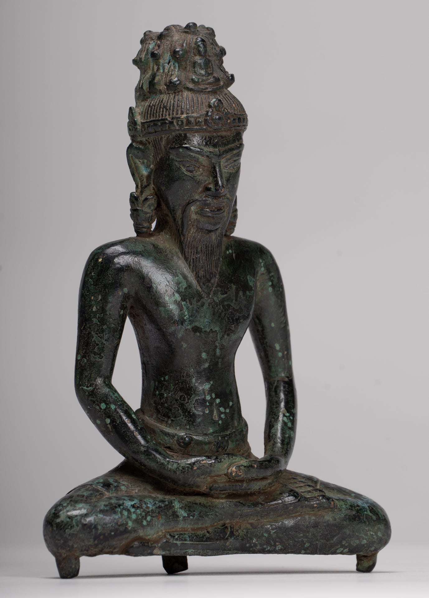 Rishi Statue - Antique Khmer Style Seated Bronze Rishi or Wise Man - 18cm/7"