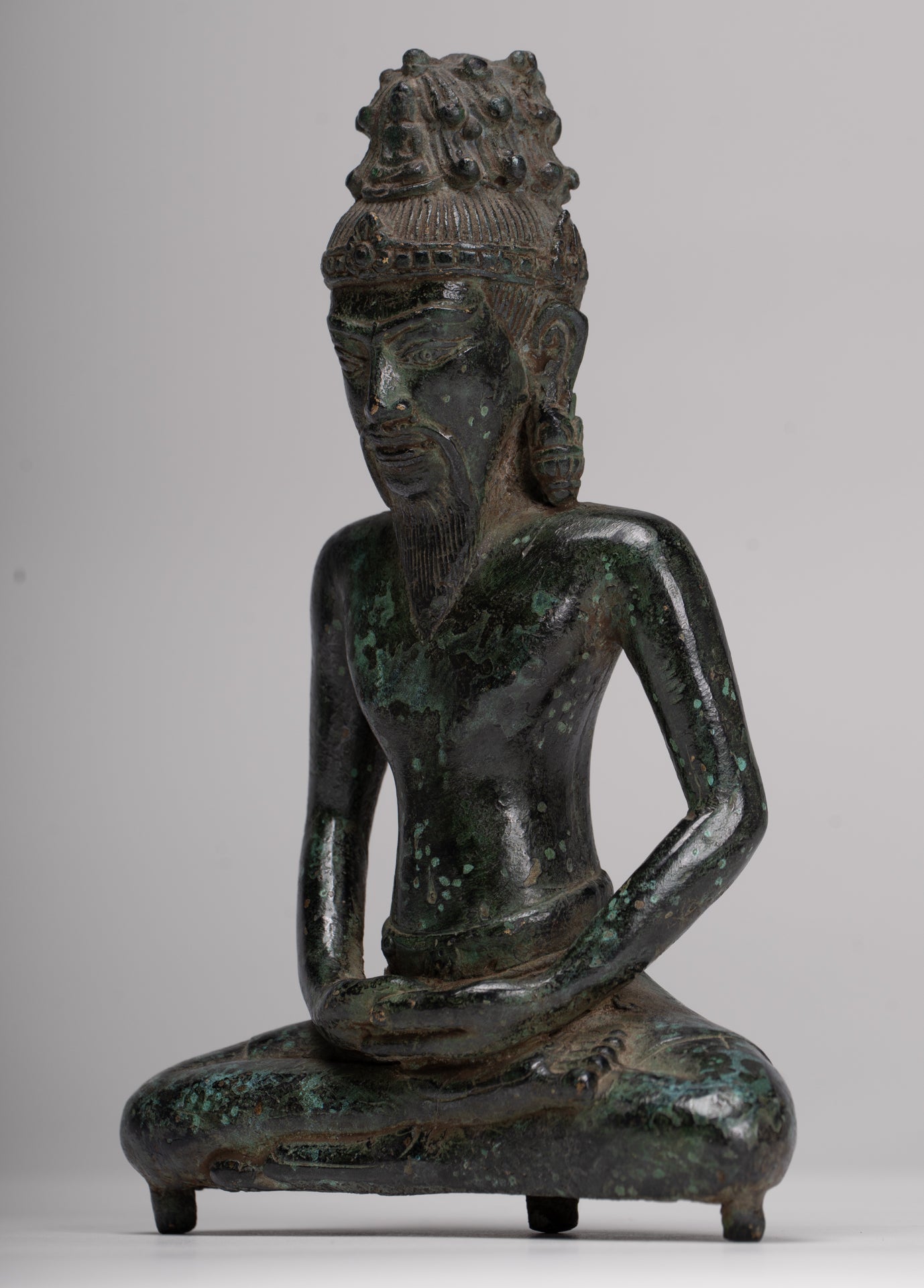 Rishi Statue - Antique Khmer Style Seated Bronze Rishi or Wise Man - 18cm/7"