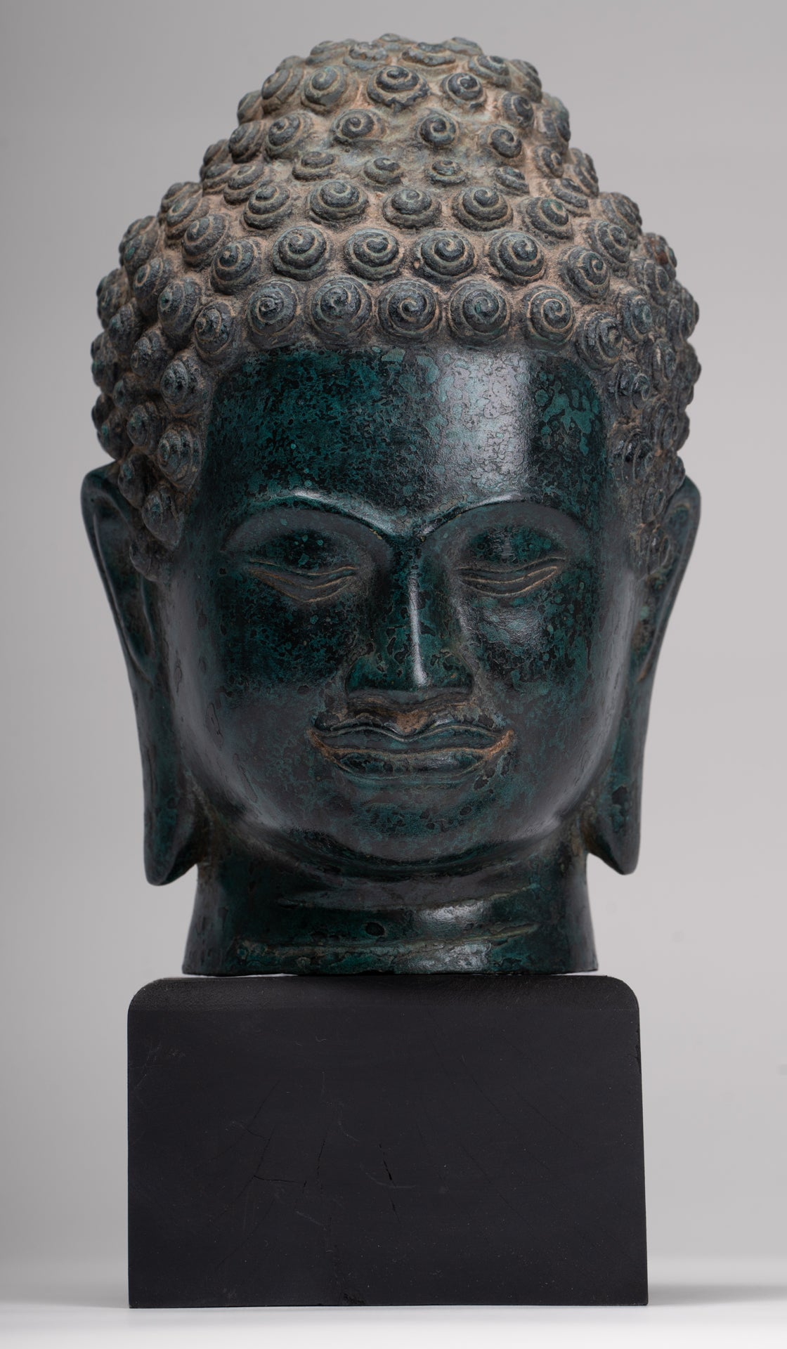 Buddha Statue - Antique Khmer Style Bronze Phnom Da Buddha Head - 30cm/12"