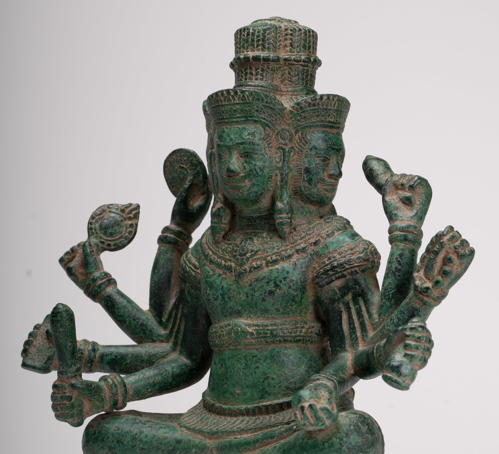 Brahma Statue - Antique Khmer Style Bronze 8 Arm Bayon Brahma - Hindu God Creation - 31cm/12"