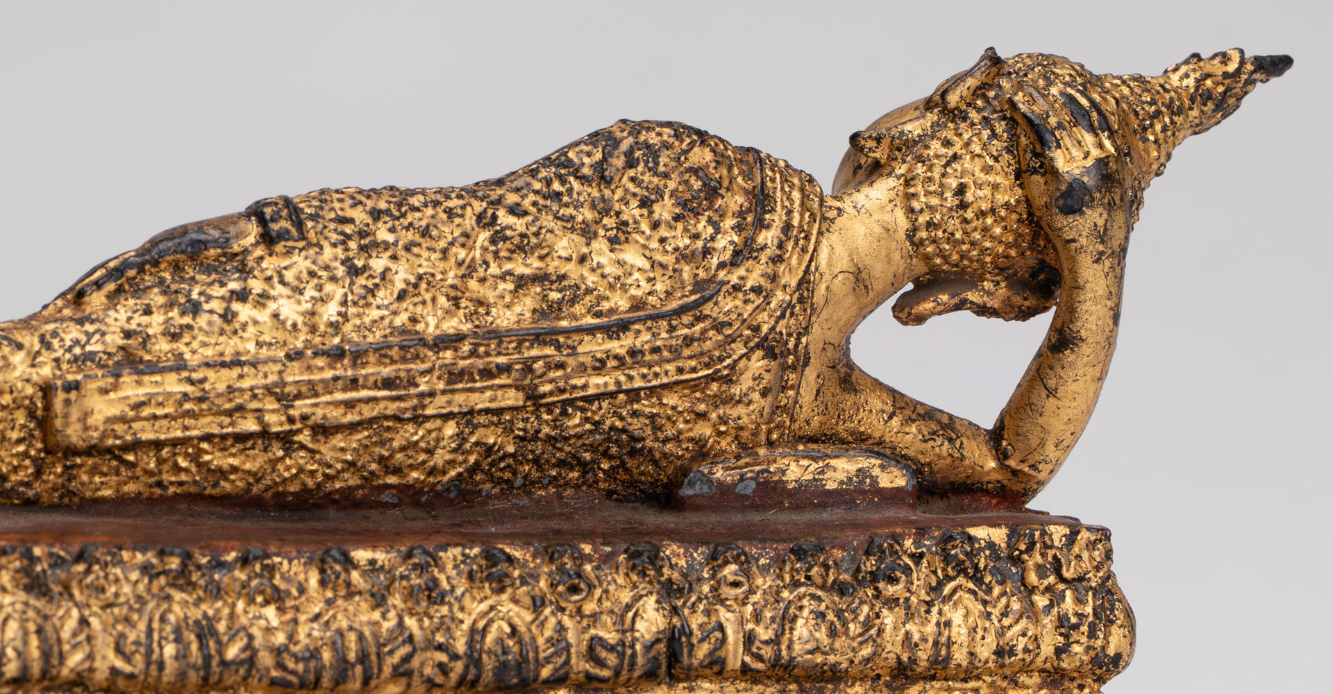 Antique Thai Style Bronze Rattanakosin Reclining Nirvana Buddha Statue - 18.5cm/7"