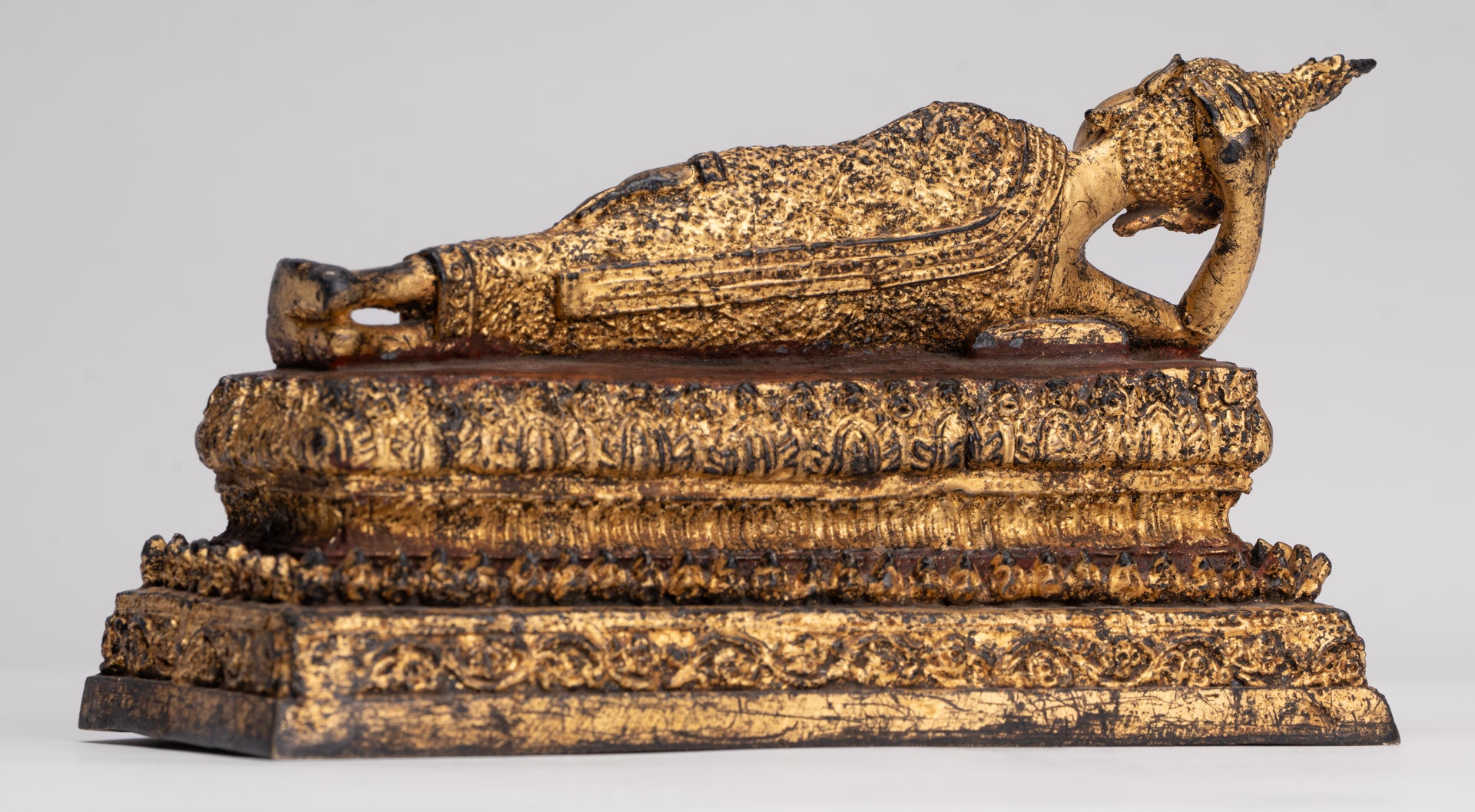 Antique Thai Style Bronze Rattanakosin Reclining Nirvana Buddha Statue - 18.5cm/7"