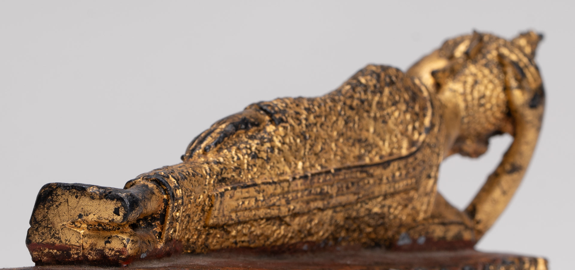 Antique Thai Style Bronze Rattanakosin Reclining Nirvana Buddha Statue - 18.5cm/7"