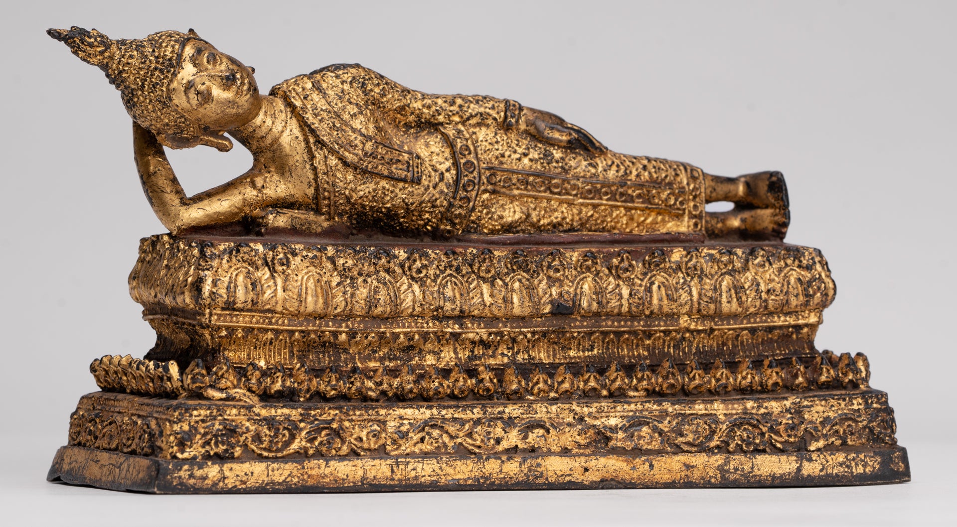 Antique Thai Style Bronze Rattanakosin Reclining Nirvana Buddha Statue - 18.5cm/7"