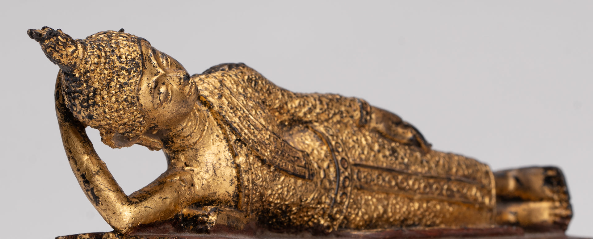 Antique Thai Style Bronze Rattanakosin Reclining Nirvana Buddha Statue - 18.5cm/7"