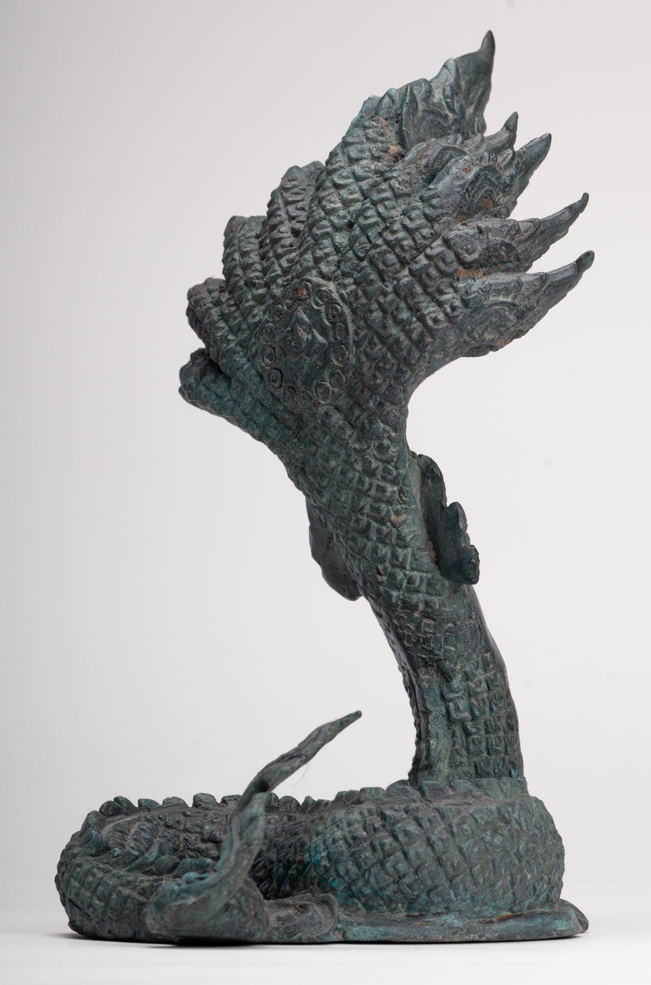 Antique Thai Style Bronze Nine Head Protective Naga, Snake or Serpent Statue - 28cm/11"