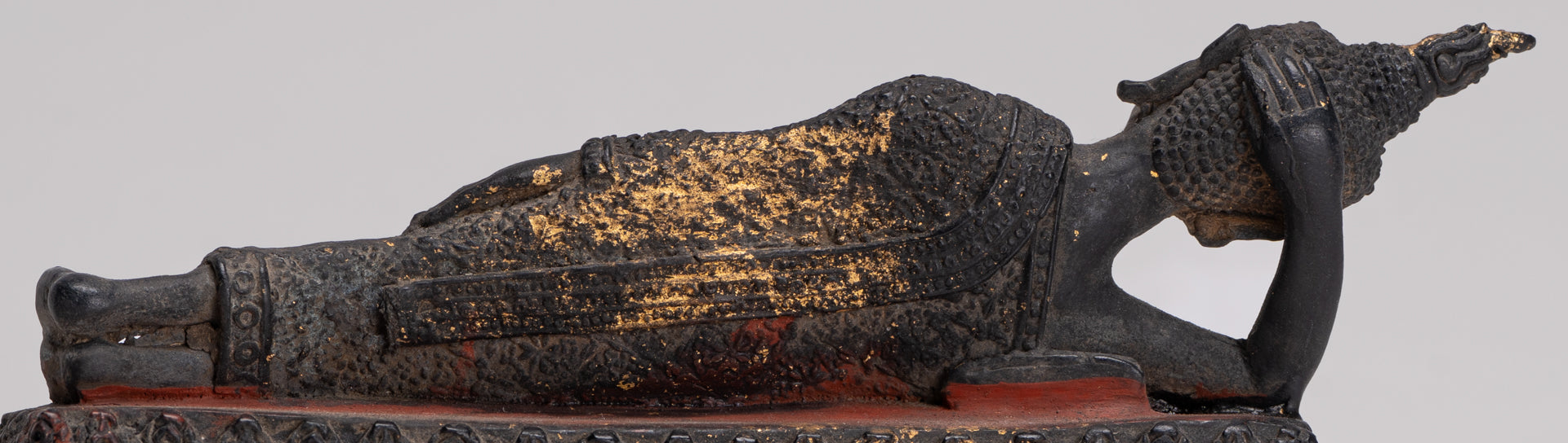 Buddha Statue - Antique Thai Style Bronze Rattanakosin Reclining Nirvana Buddha Statue - 19cm/8"
