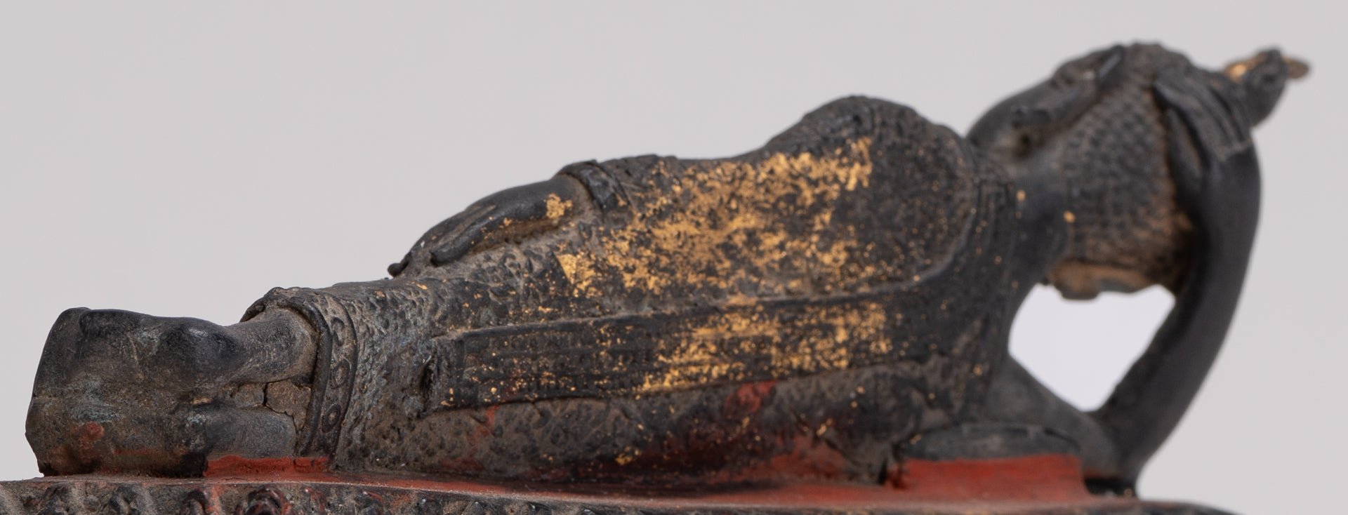 Buddha Statue - Antique Thai Style Bronze Rattanakosin Reclining Nirvana Buddha Statue - 19cm/8"