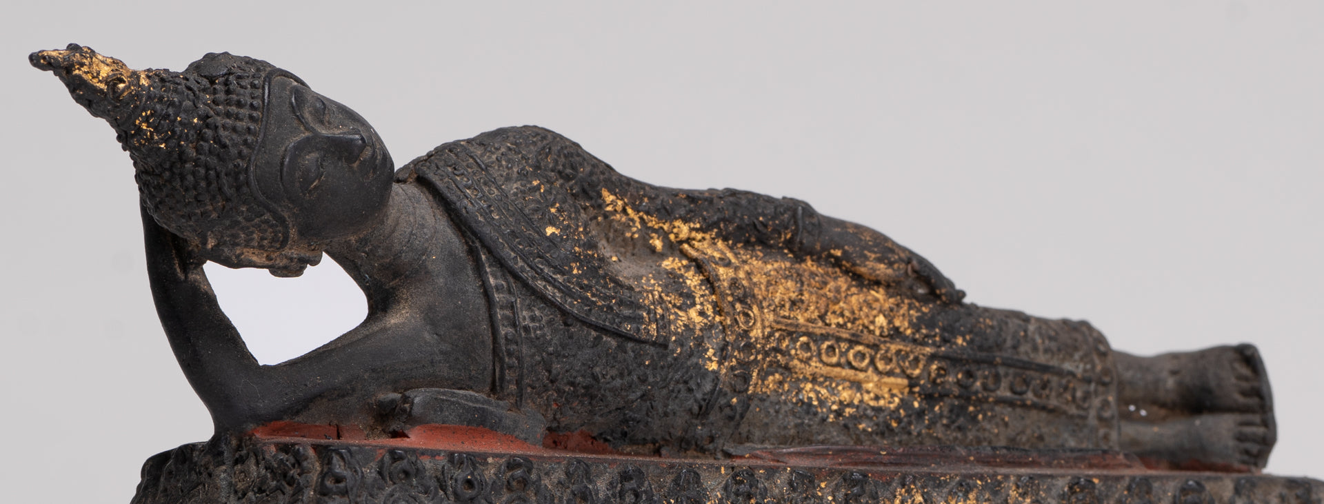 Buddha Statue - Antique Thai Style Bronze Rattanakosin Reclining Nirvana Buddha Statue - 19cm/8"