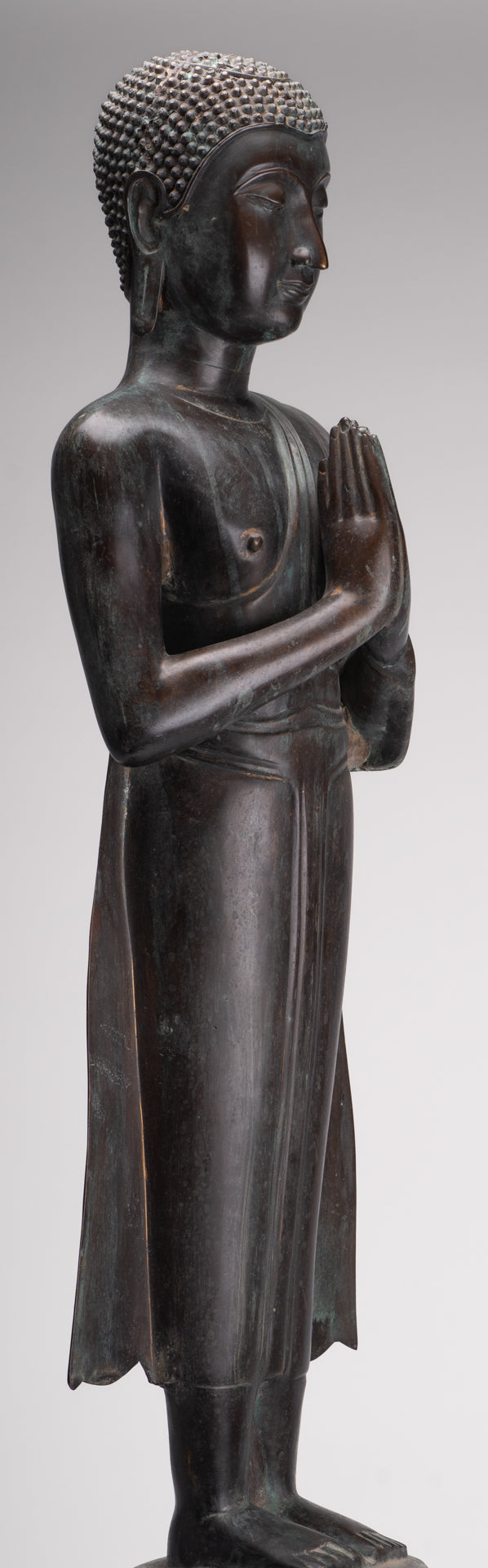 Antique Thai Style Standing Wood Adoration Standing Monk Statue - 100cm/40"