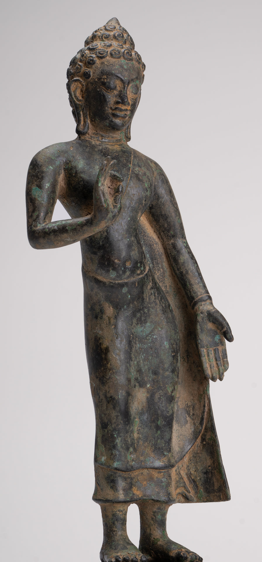 Buddha Statue - Antique Thai Style Standing Bronze Mon Dvaravati Teaching Buddha Statue - 32cm/13"