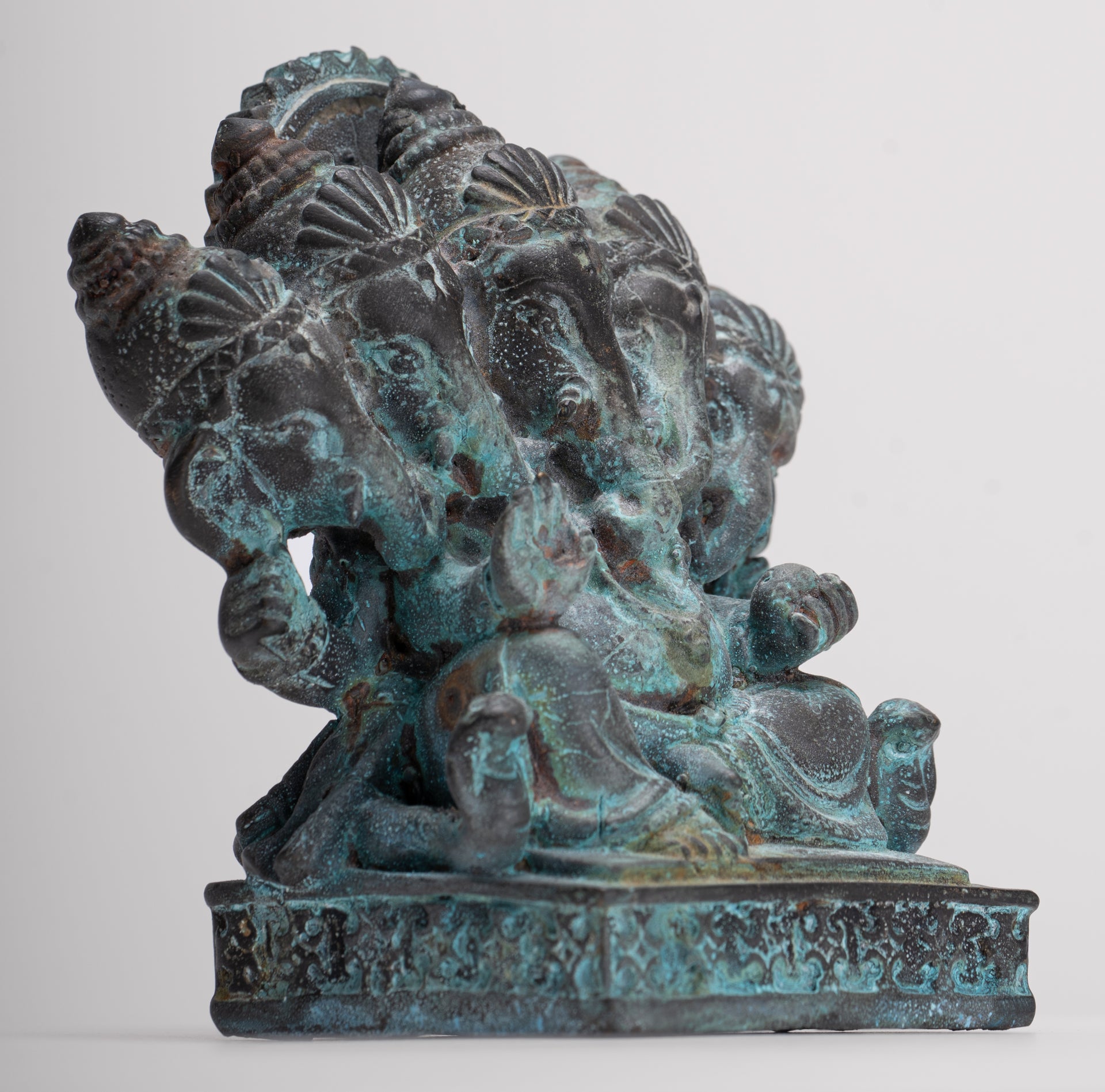 Ganesh - Antique Thai Style Bronze Seated Gold Heramba Ganapati Statue - 12.5cm/5"