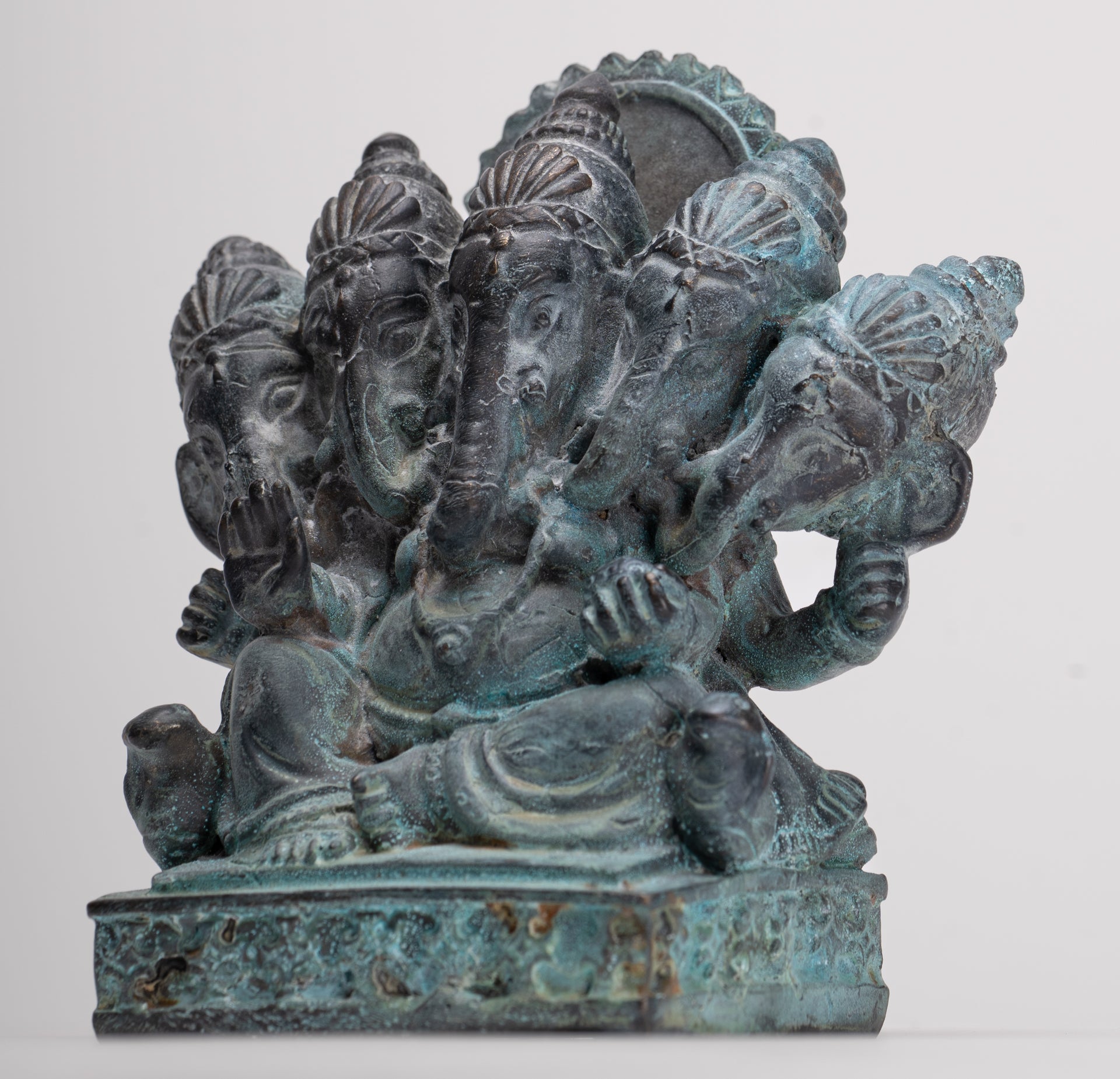 Ganesh - Antique Thai Style Bronze Seated Heramba Ganapati Statue - 12.5cm/5"
