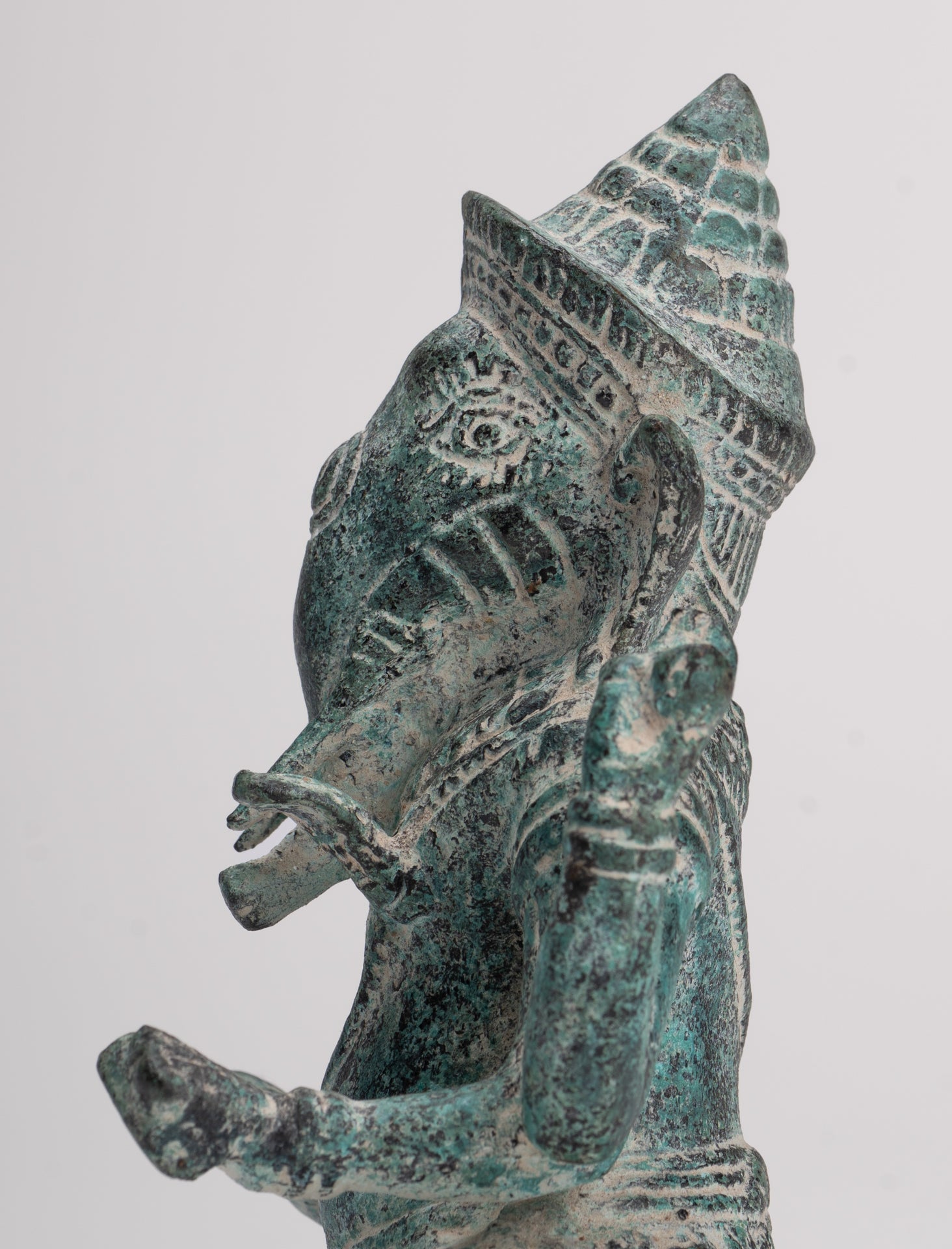 Ganesha Statue - Antique Khmer Style Angkor Wat Bronze Seated Four Arm Ganesh Statue - 14.5cm/6"