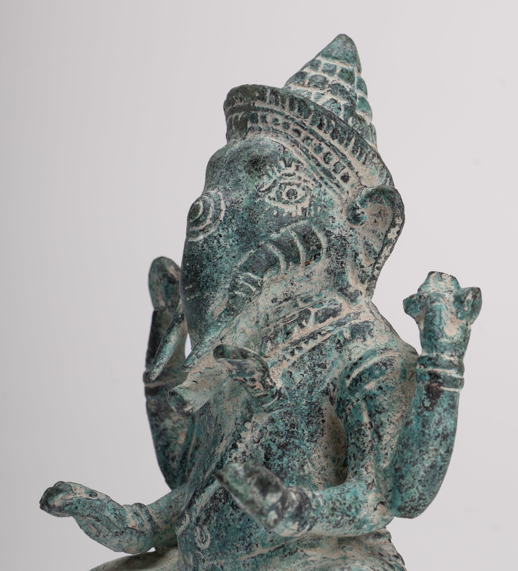 Ganesha Statue - Antique Khmer Style Angkor Wat Bronze Seated Four Arm Ganesh Statue - 14.5cm/6"