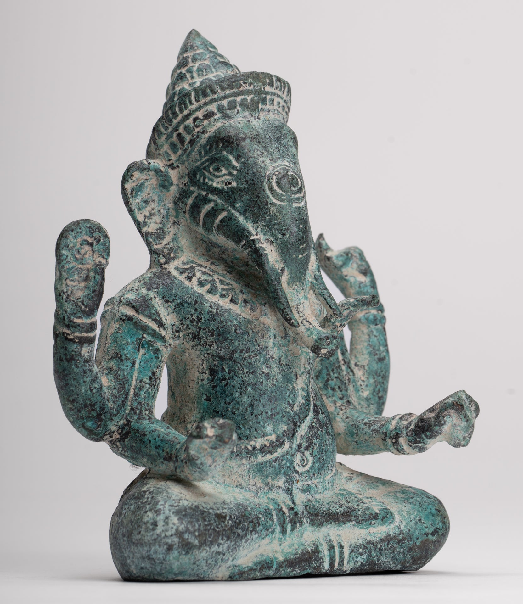 Ganesha Statue - Antique Khmer Style Angkor Wat Bronze Seated Four Arm Ganesh Statue - 14.5cm/6"