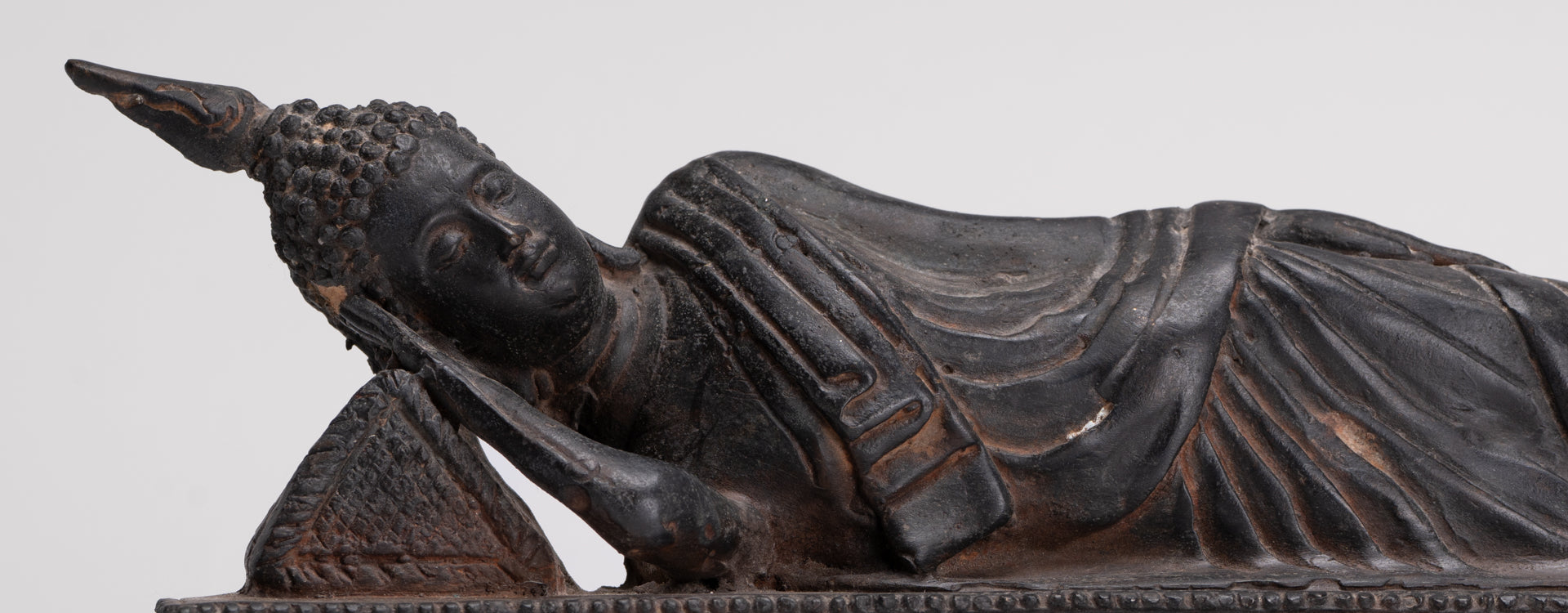 Buddha Statue - Antique Thai Style Bronze Sukhothai Reclining Nirvana Buddha Statue - 28cm/11"