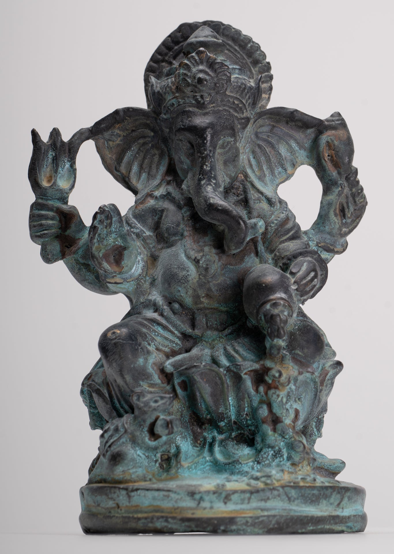 Ganesha Statue - Antique Thai Style Bronze Seated 4-Arm Vara Ganapati Statue - 15.5cm/6"