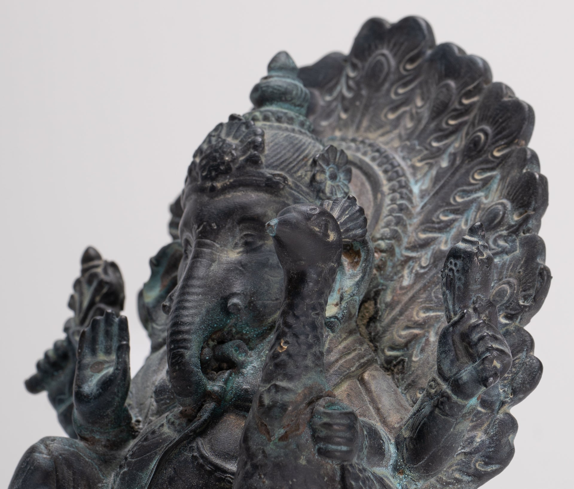 Ganesh - Antique Thai Style Bronze Seated Mayuresha Ganapathy Statue - 13cm/5"