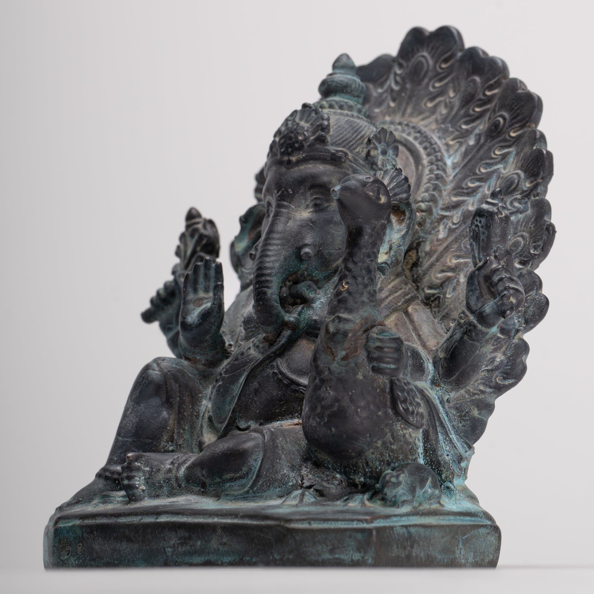 Ganesh - Antique Thai Style Bronze Seated Mayuresha Ganapathy Statue - 13cm/5"